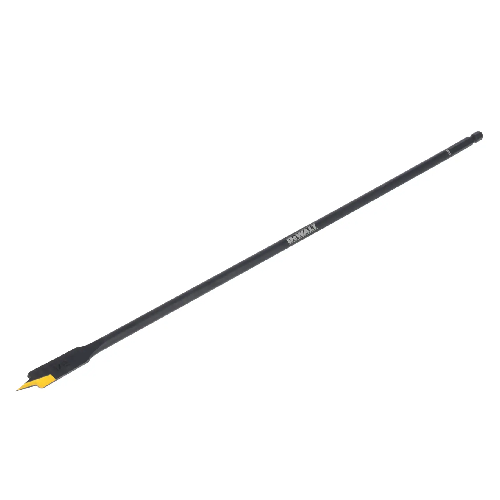 A DEWALT branded long black spade drill bit with a yellow tip, designed for woodworking and used with power drills.