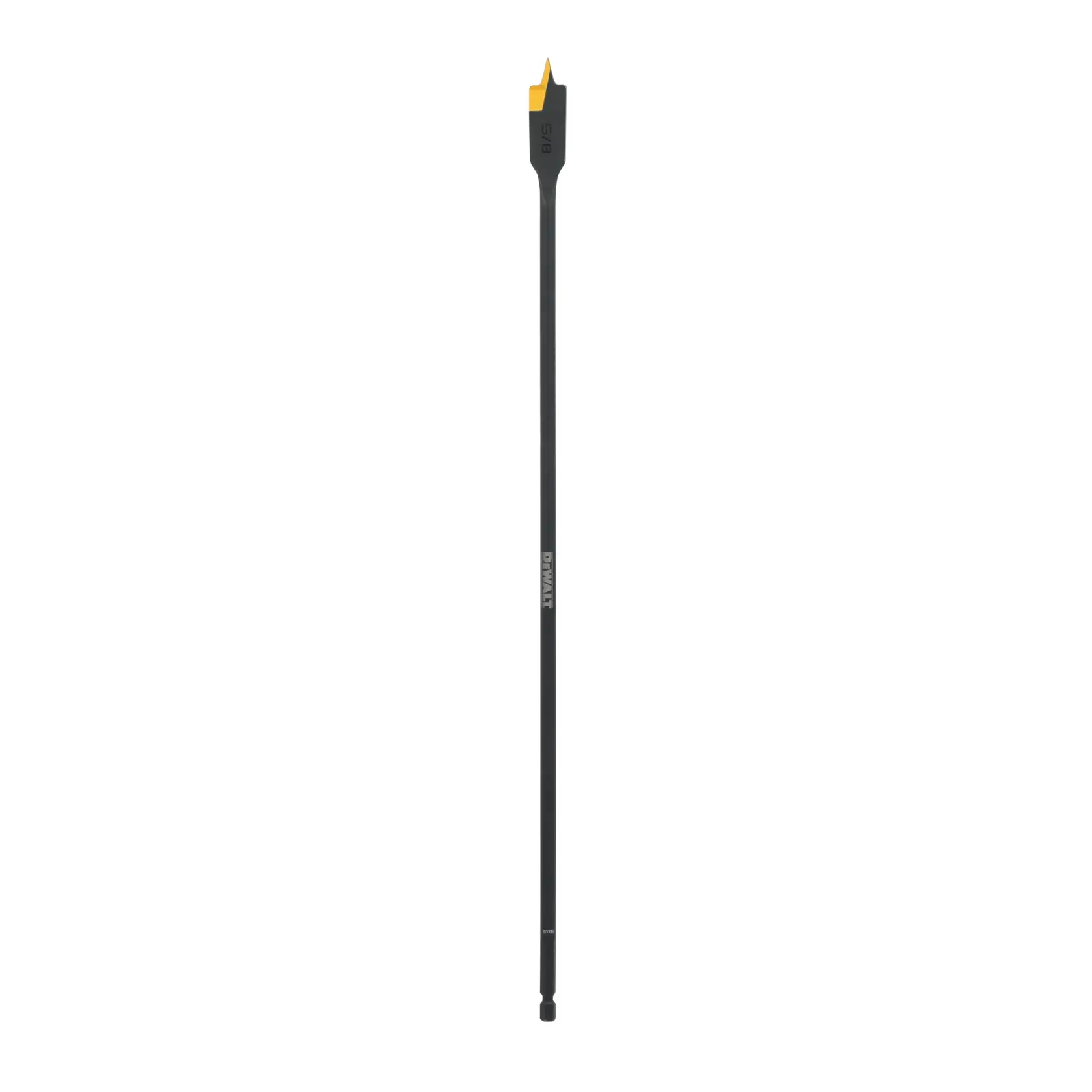 A DEWALT long black spade drill bit with a yellow tip, designed for drilling wood, displayed vertically against a plain white background.