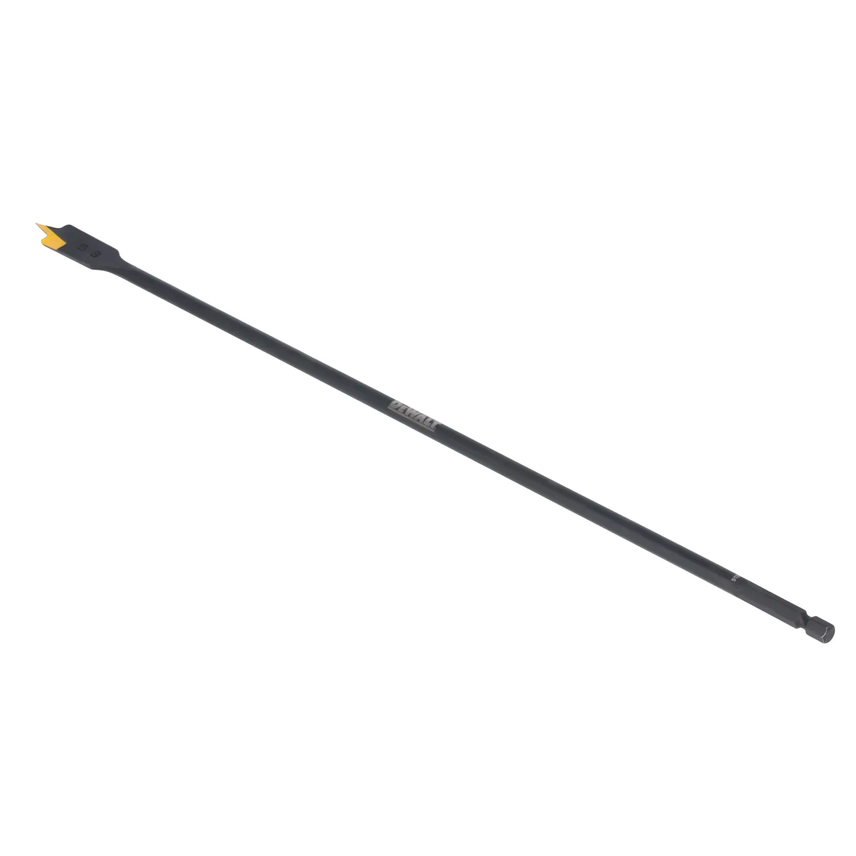 A DEWALT long spade wood drill bit with a flat tip and an extended shaft, shown against a white background.