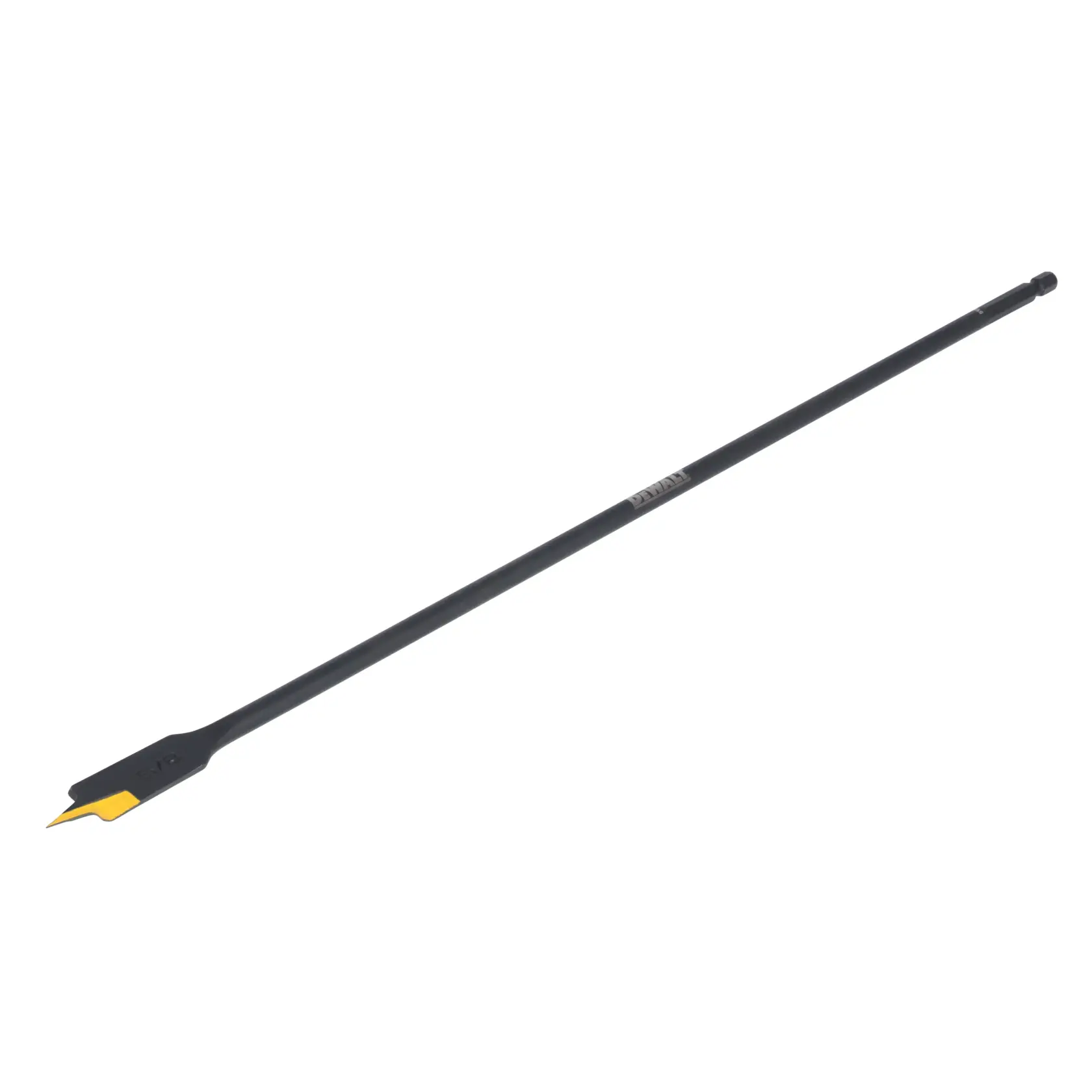 A DEWALT long spade drill bit, featuring a flat black shaft and a broad spade tip with a yellow edge, used for drilling large holes in wood.