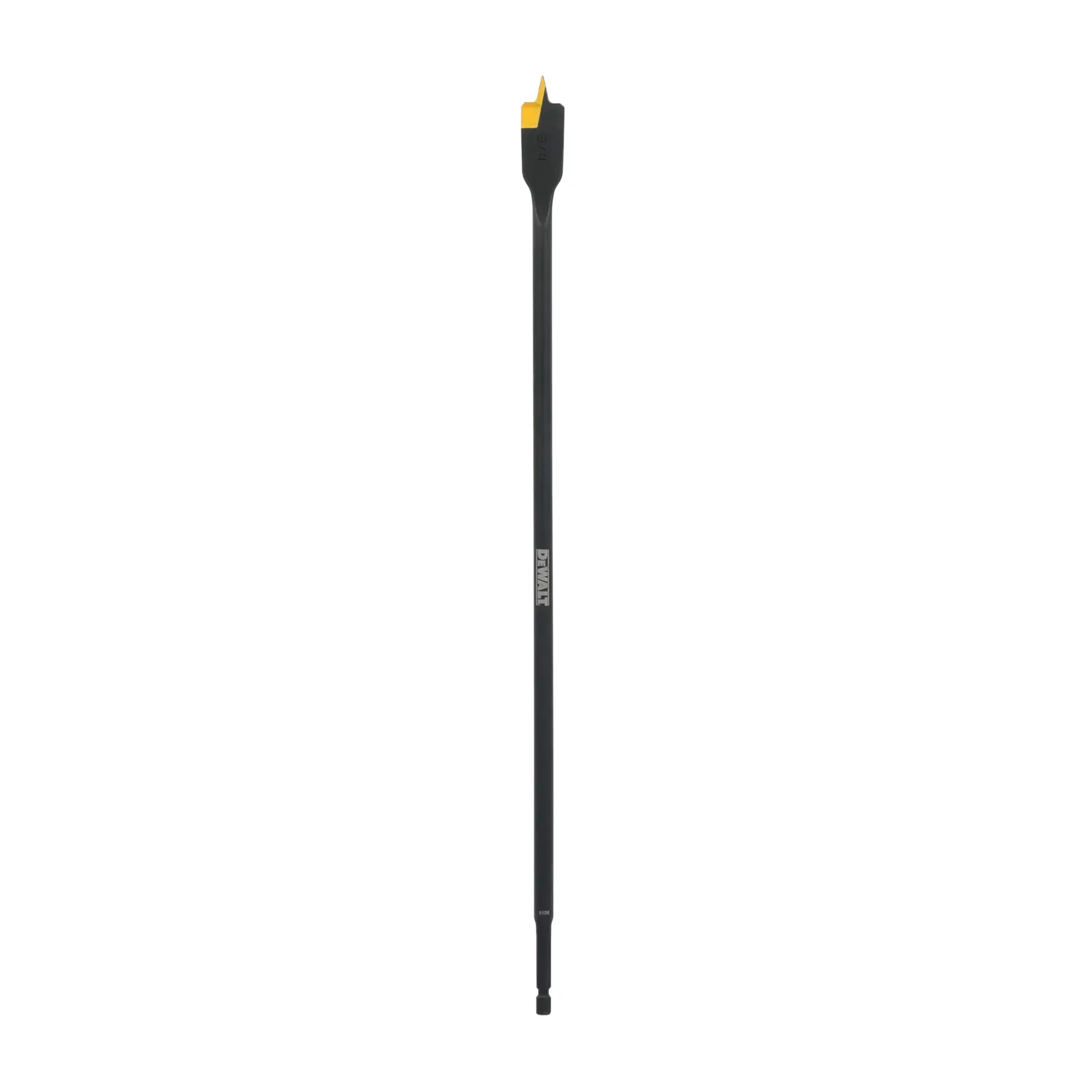 A DEWALT branded long black spade drill bit with a yellow marking on the tip, designed for woodworking and drilling holes.