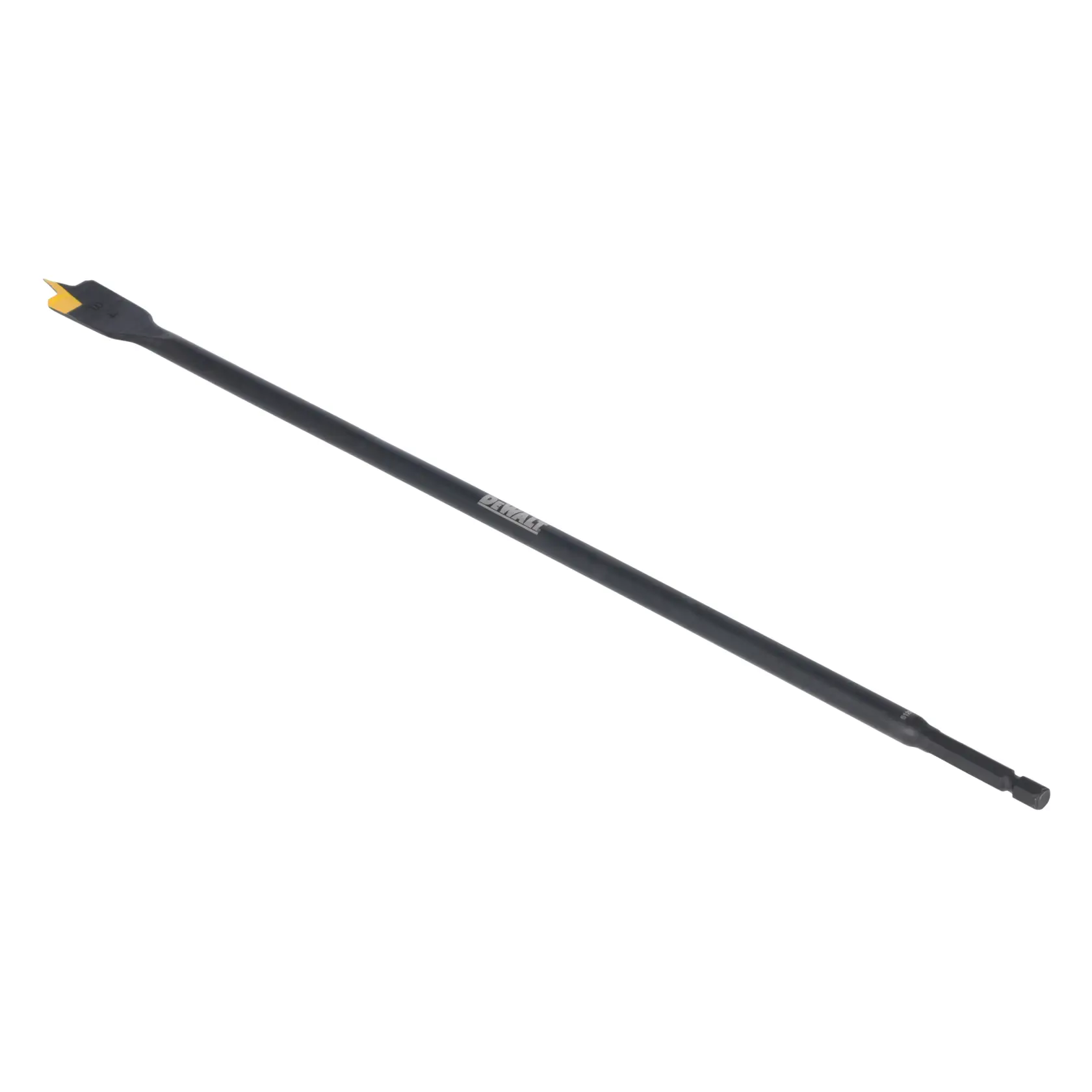 A DEWALT branded long black spade drill bit with a yellow tip, photographed on a white background. The bit features a hex shank and a flat, wide blade designed for drilling holes in wood.