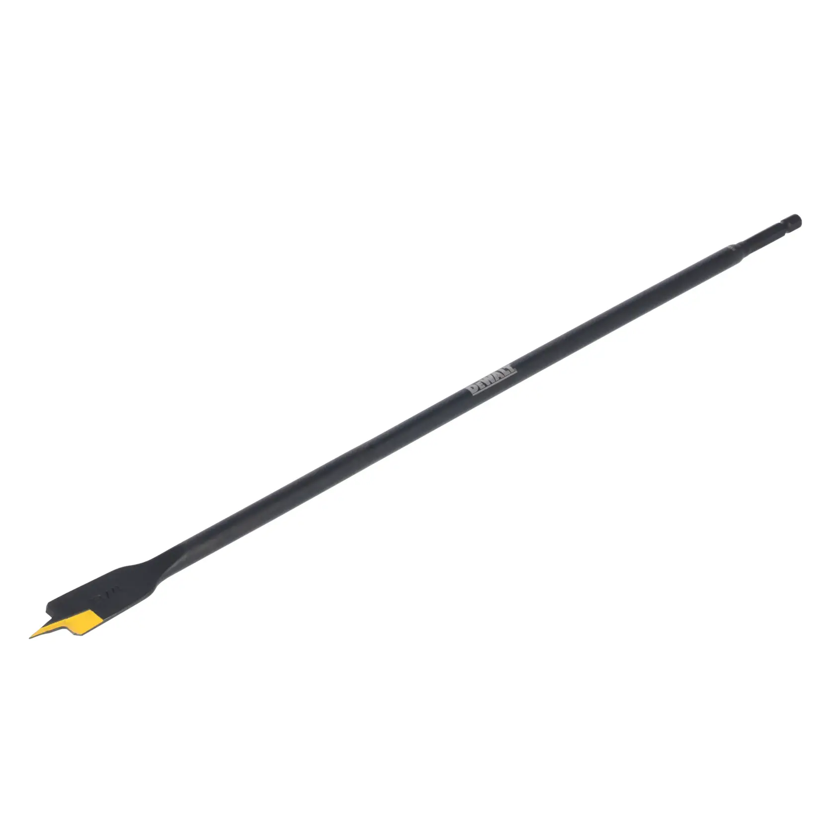 A DEWALT branded spade drill bit with a long black shaft and a flat paddle-shaped tip, designed for woodworking and drilling larger holes.