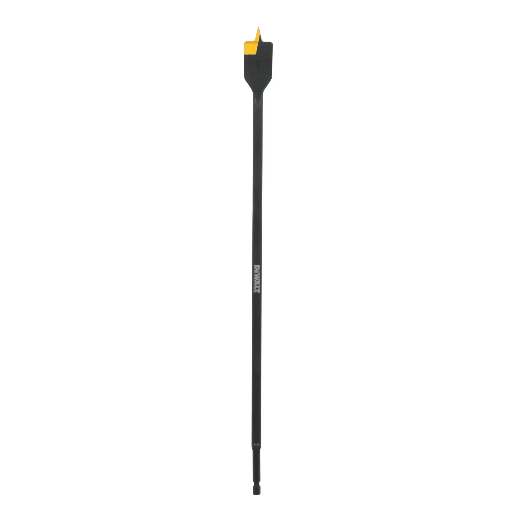A DEWALT long black spade drill bit with a yellow cutting edge, designed for woodworking applications.