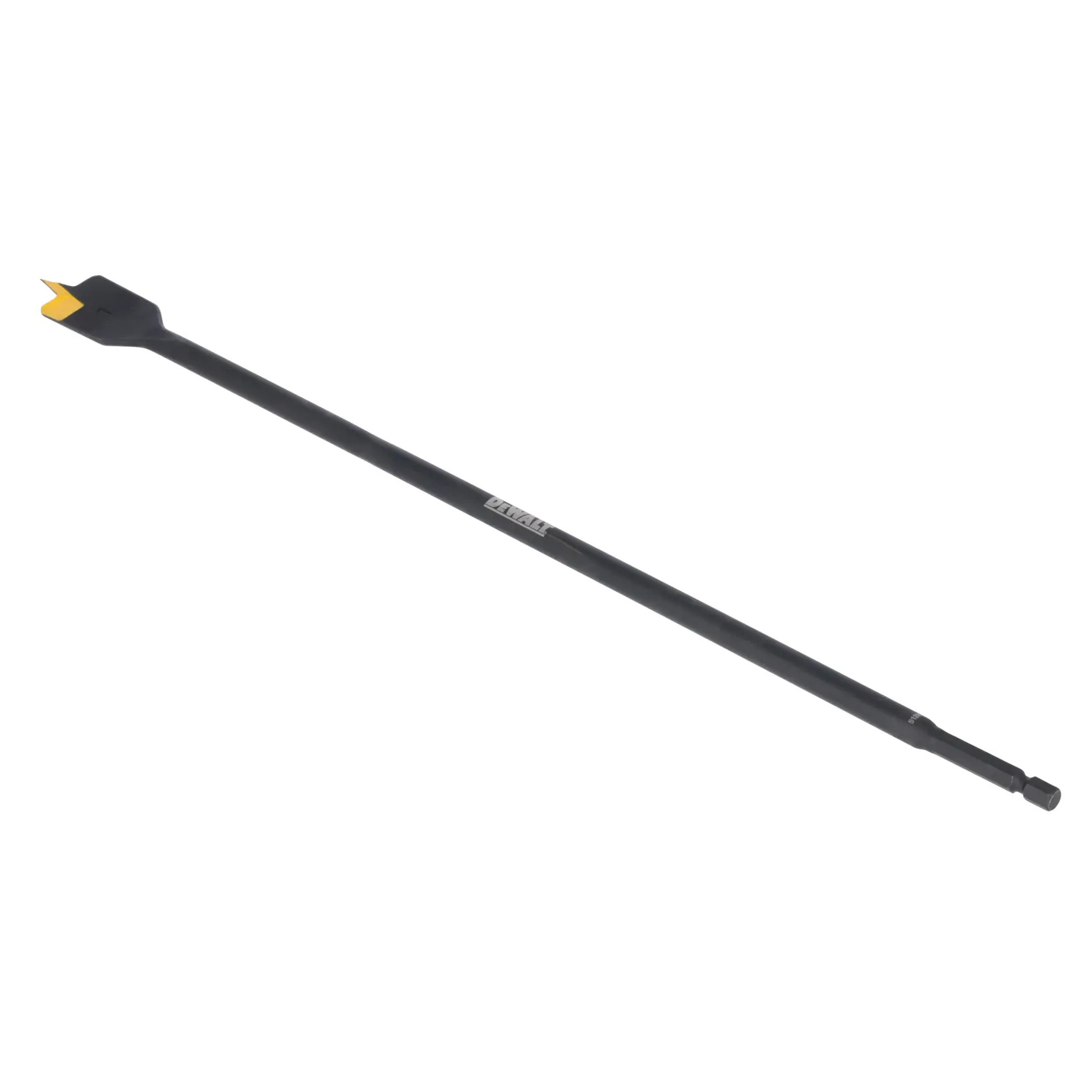 A DEWALT long, flat spade drill bit with a hex shank and a yellow tip, used for drilling holes in wood.