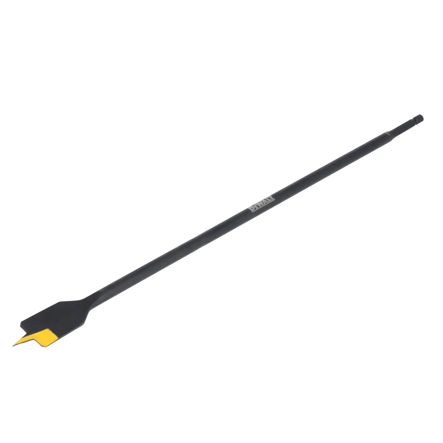 A DEWALT flat spade drill bit with a long black shaft and a yellow tip, designed for woodworking and drilling holes.