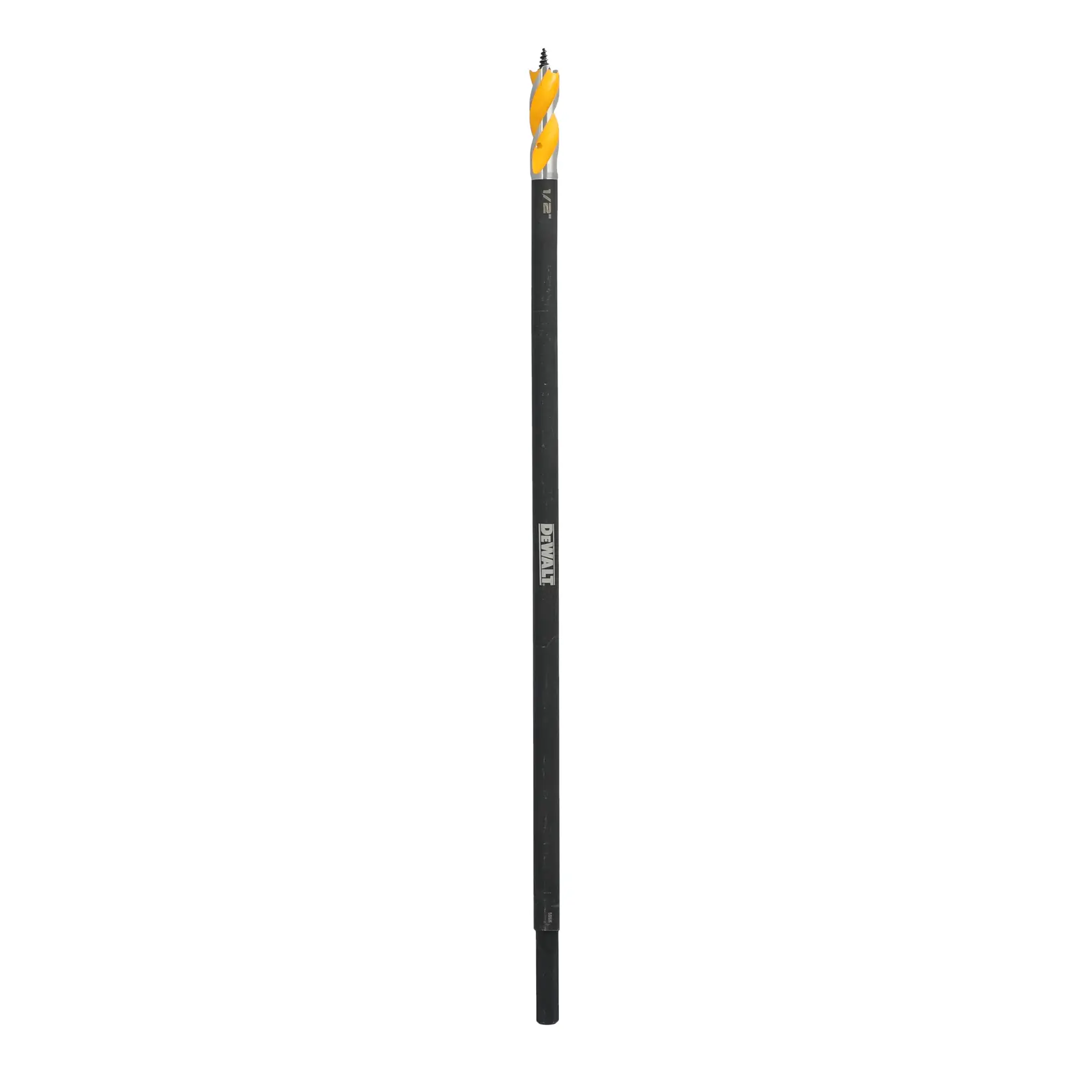 A DEWALT long black auger drill bit with a yellow spiral tip, designed for woodworking and drilling through tough materials. The product is photographed against a plain white background.