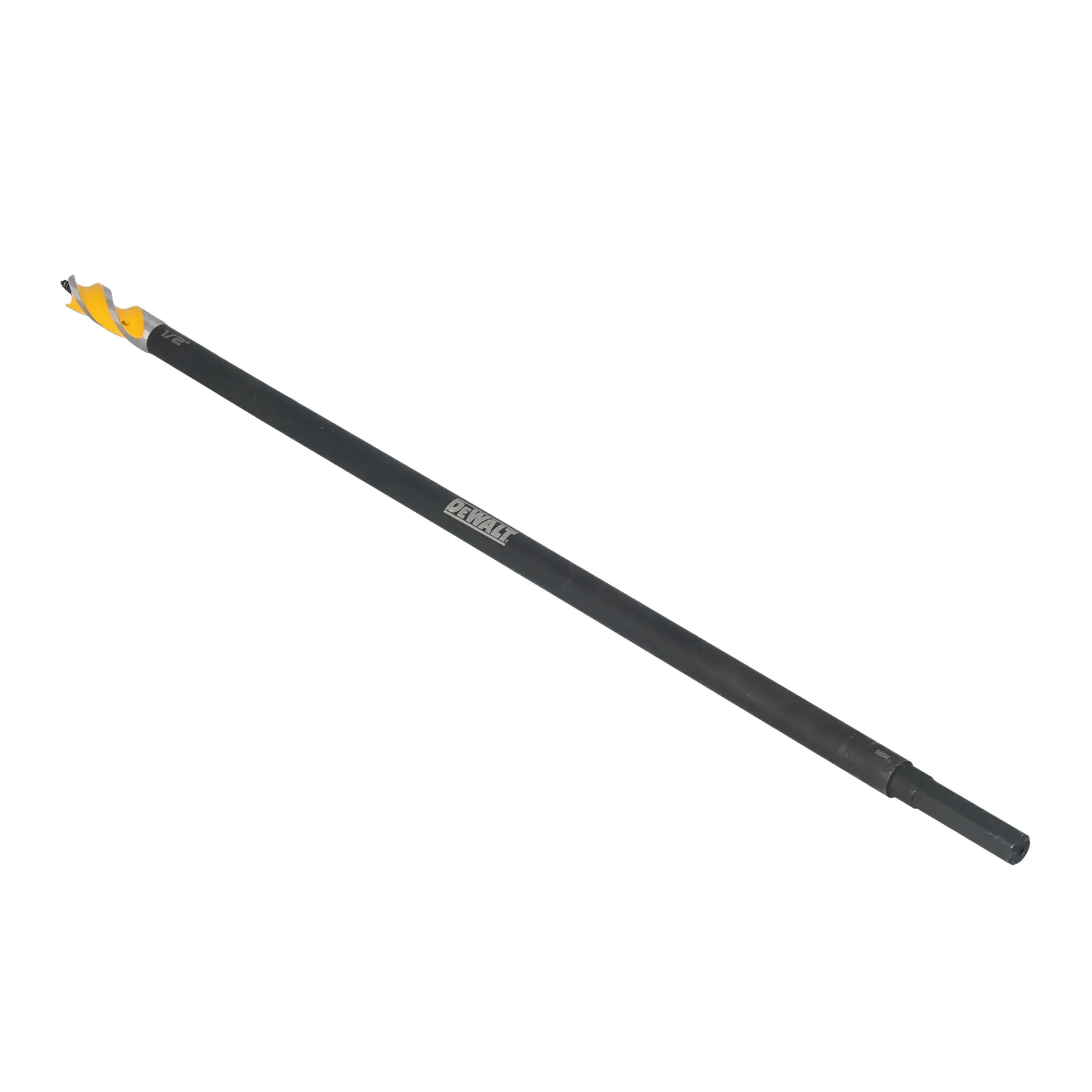 A long black auger drill bit with a yellow spiral tip, branded with DEWALT. The drill bit is designed for wood drilling and has a hex shank.