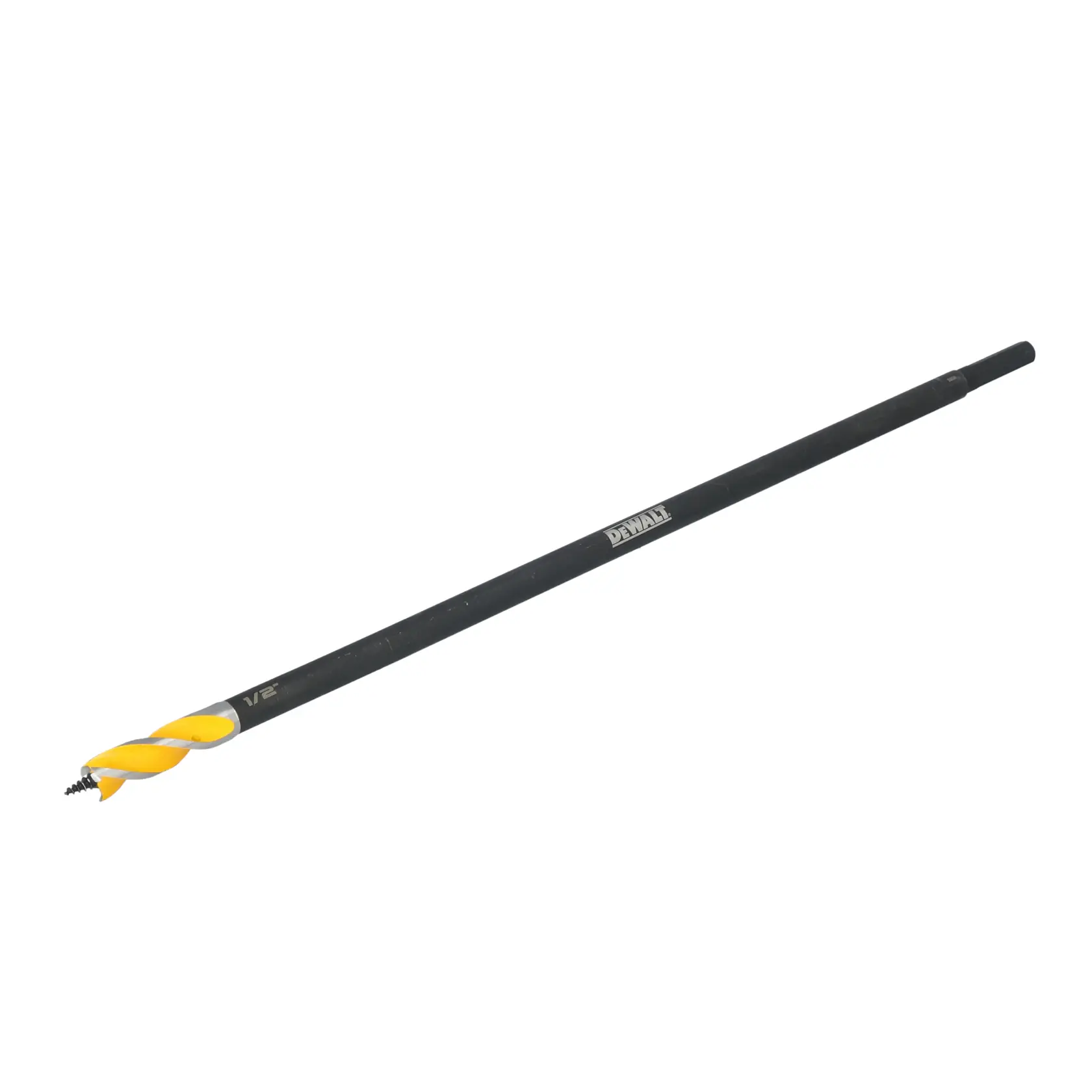 A DEWALT branded long black drill bit with a yellow spiral tip, used for drilling into wood.