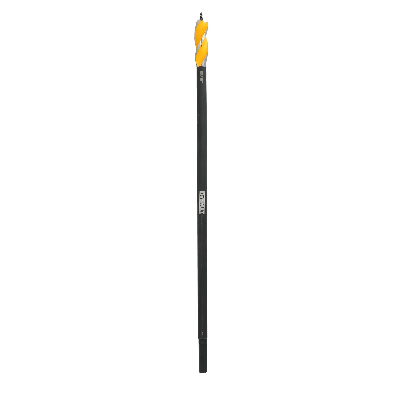 A long black and yellow auger drill bit designed for wood drilling, featuring a screw tip and spiral flutes. The DEWALT logo is visible on the shaft.