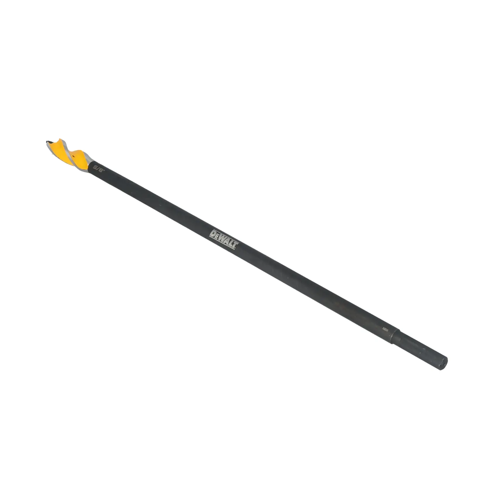 A DEWALT wood auger drill bit with a long black shaft and a yellow spiral tip, designed for drilling holes in wood.