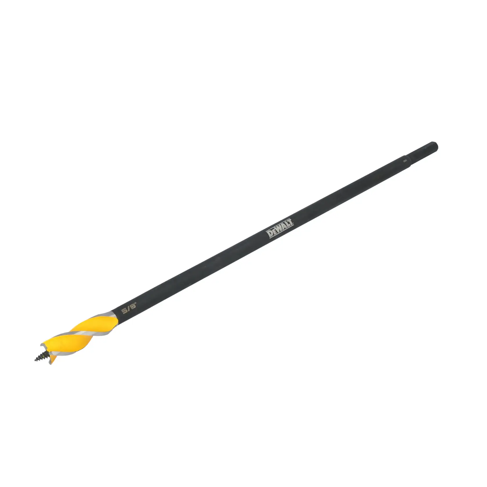 A DEWALT drill bit with a black shaft and yellow spiral tip, designed for wood drilling.
