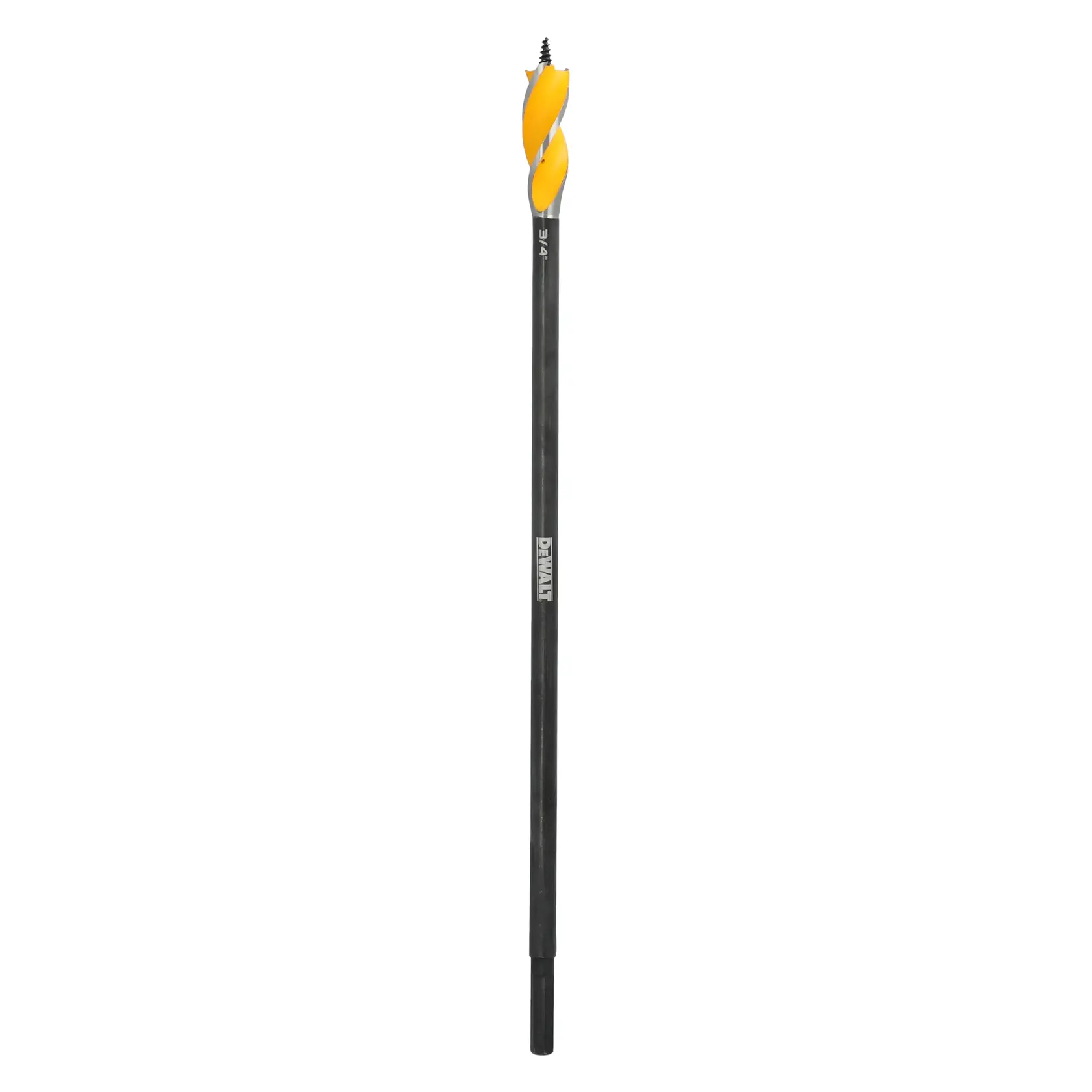 A DEWALT long auger drill bit with a black shaft and yellow spiral cutting tip, shown vertically against a white background.