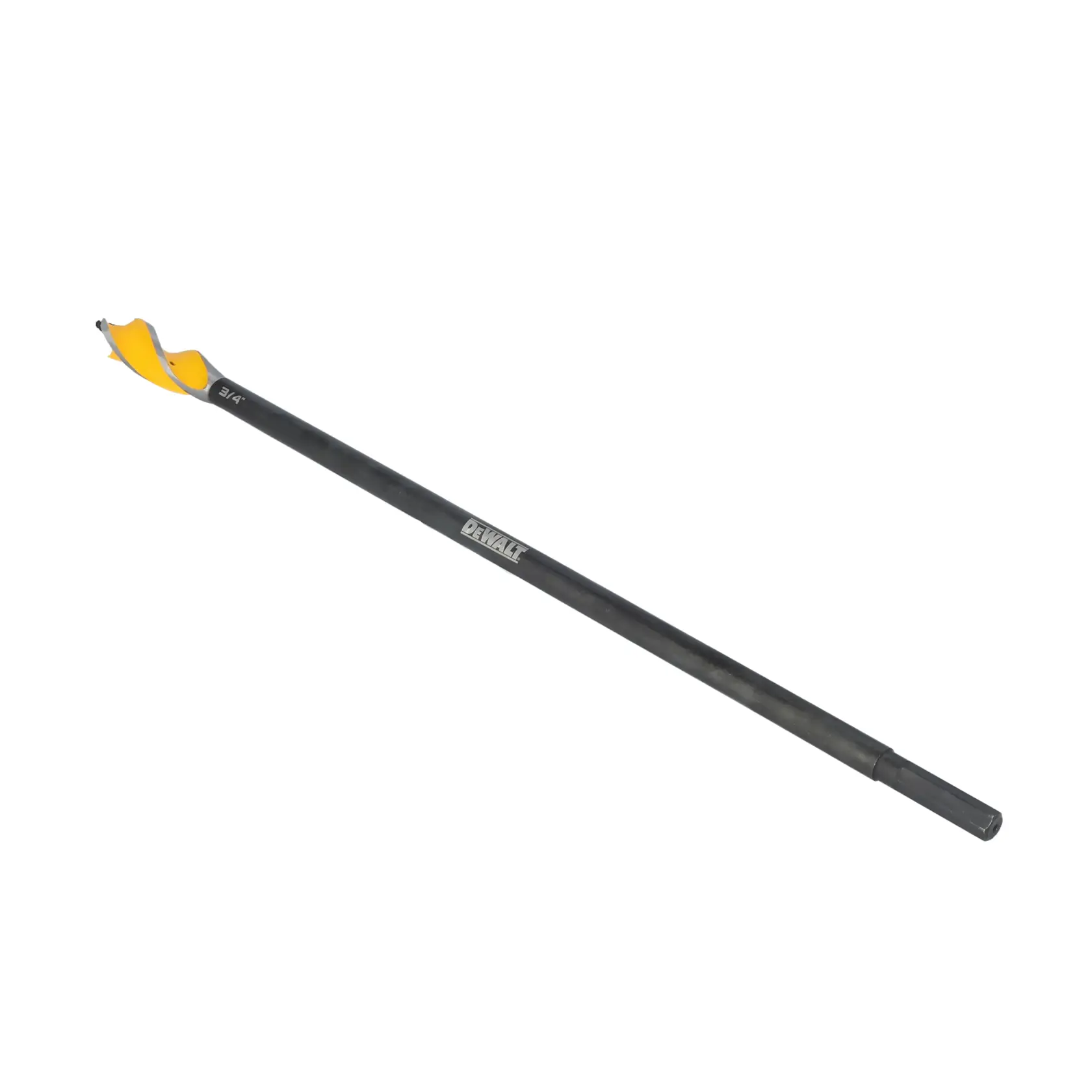A DEWALT branded long black auger drill bit with a yellow spiral tip, designed for wood drilling.