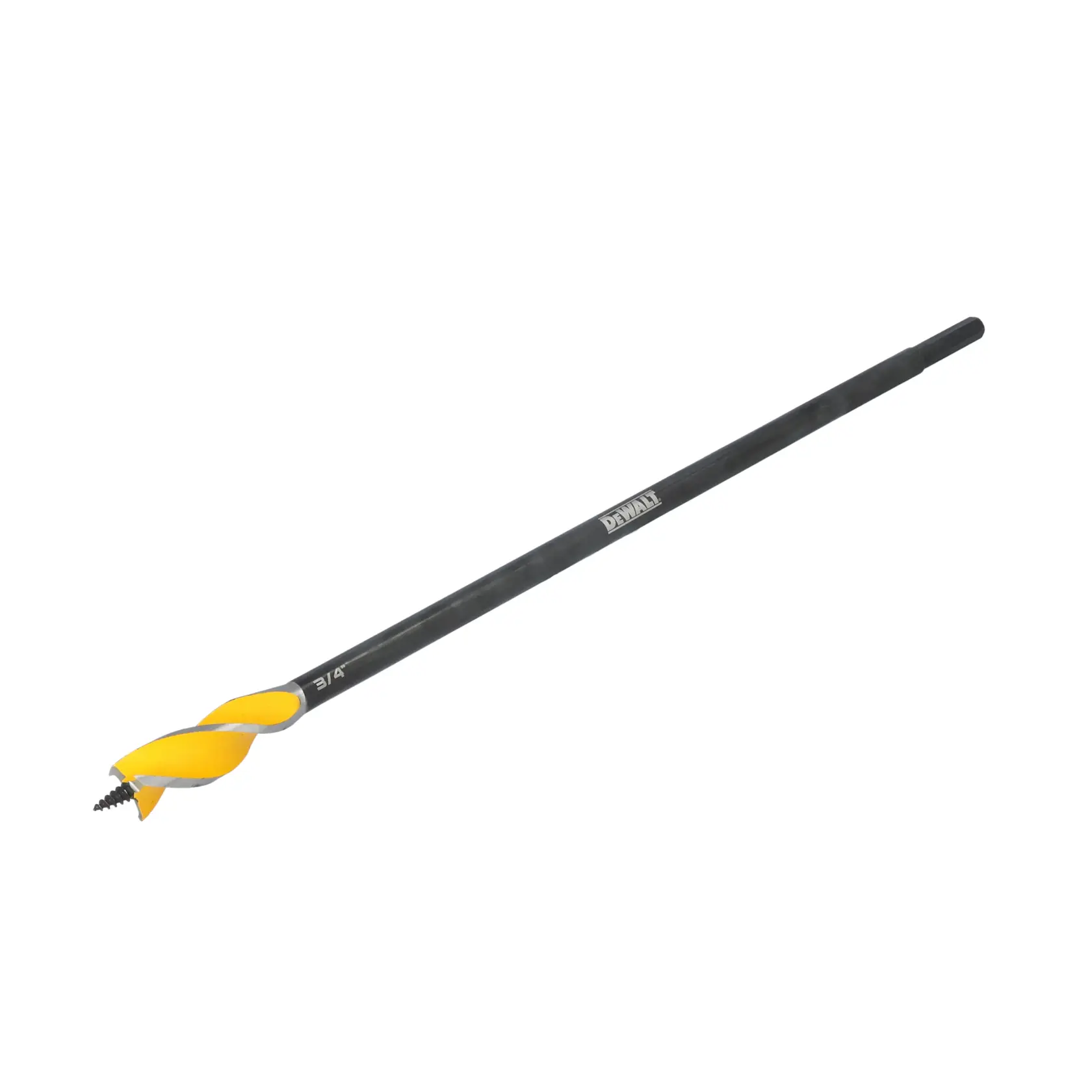 A DEWALT branded long auger drill bit with a yellow cutting tip and a black shaft. The size marking on the shaft indicates it is 3/4 inch.