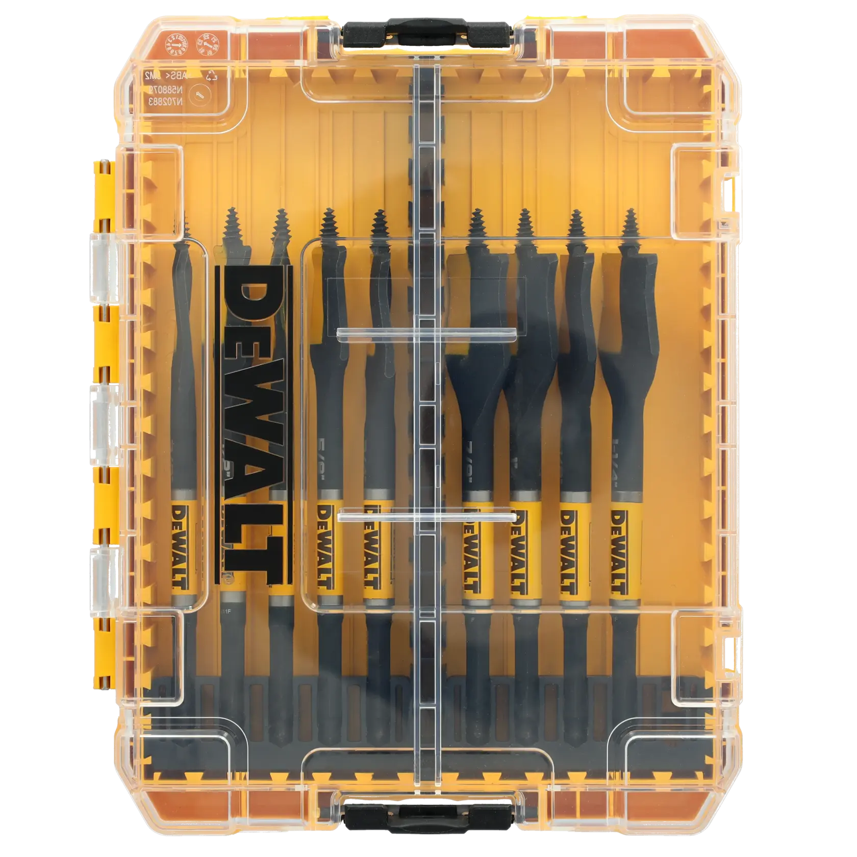 A DEWALT branded set of black and yellow drill bits in a transparent plastic case, arranged neatly for storage and display.