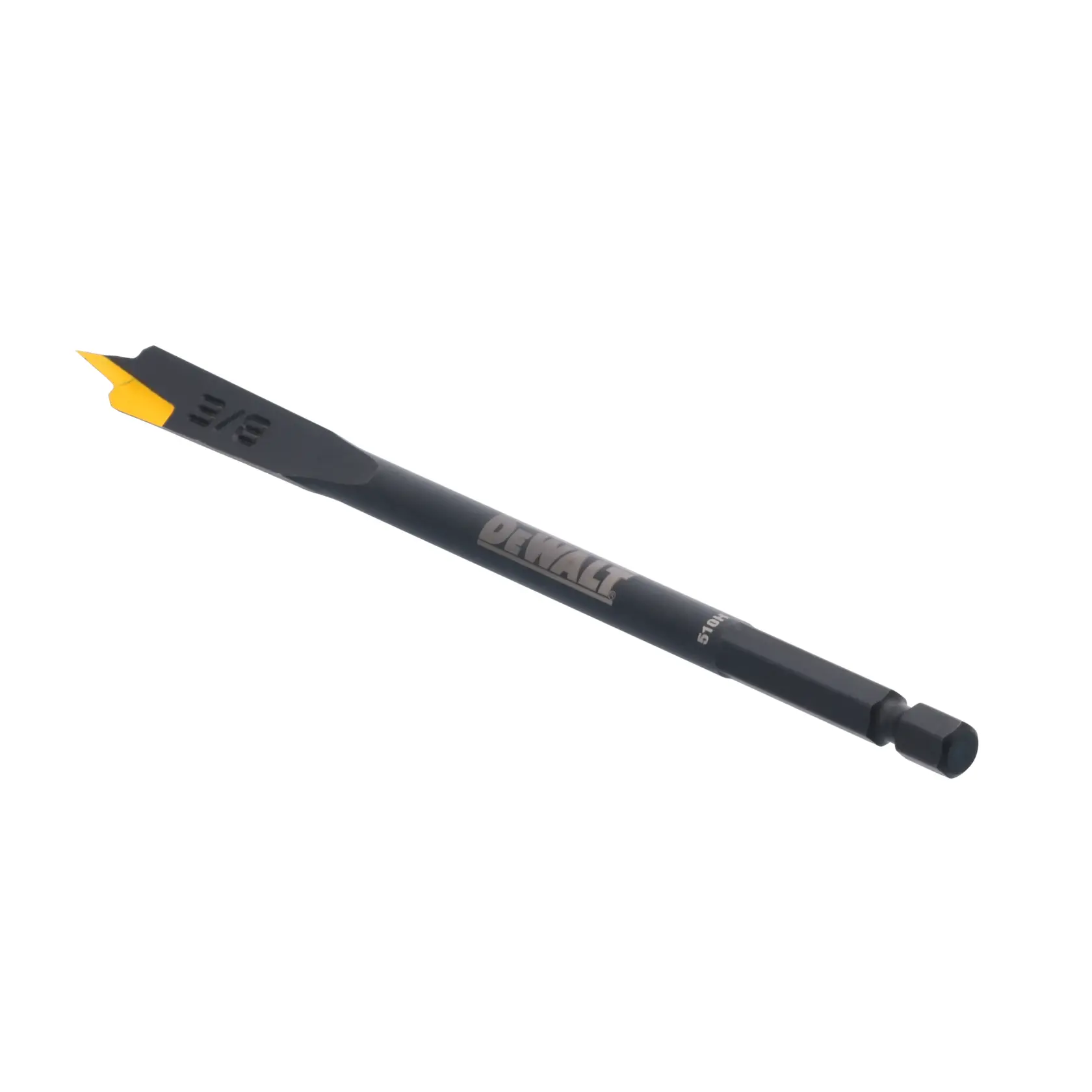 A DEWALT branded black and yellow spade drill bit with a hex shank, labeled with 3/8 size, designed for woodworking and general drilling applications.