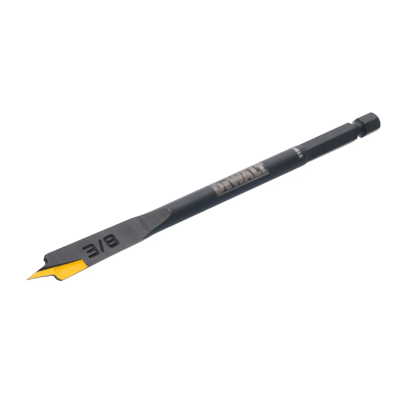 A DEWALT flat wood drill bit with a 3/8 inch marking, featuring a hex shank and a yellow-tipped edge.