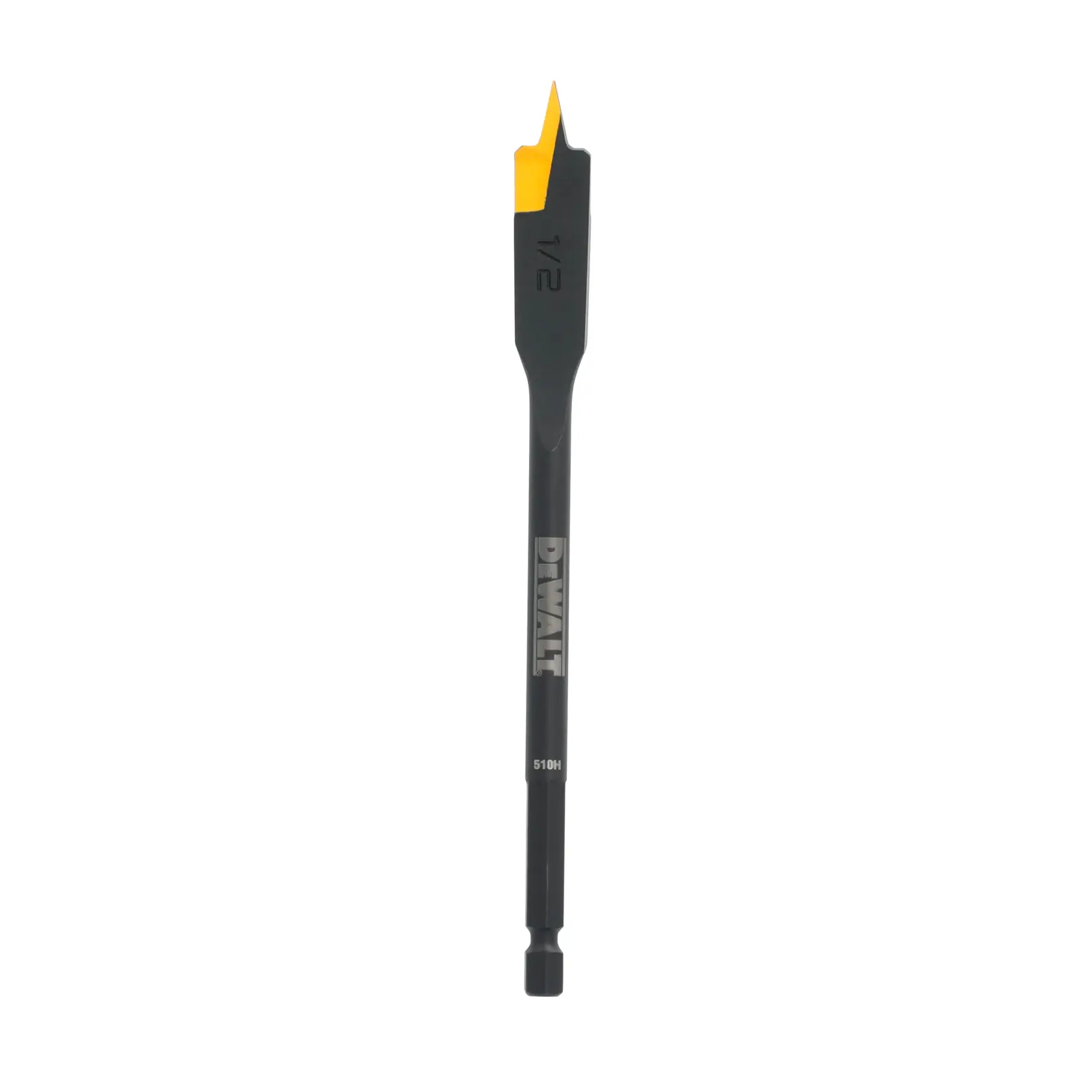 A DEWALT branded flat wood drill bit with a yellow tip, marked with '1/2', used for drilling holes in wood. The bit has a hex shank for attaching to a drill.