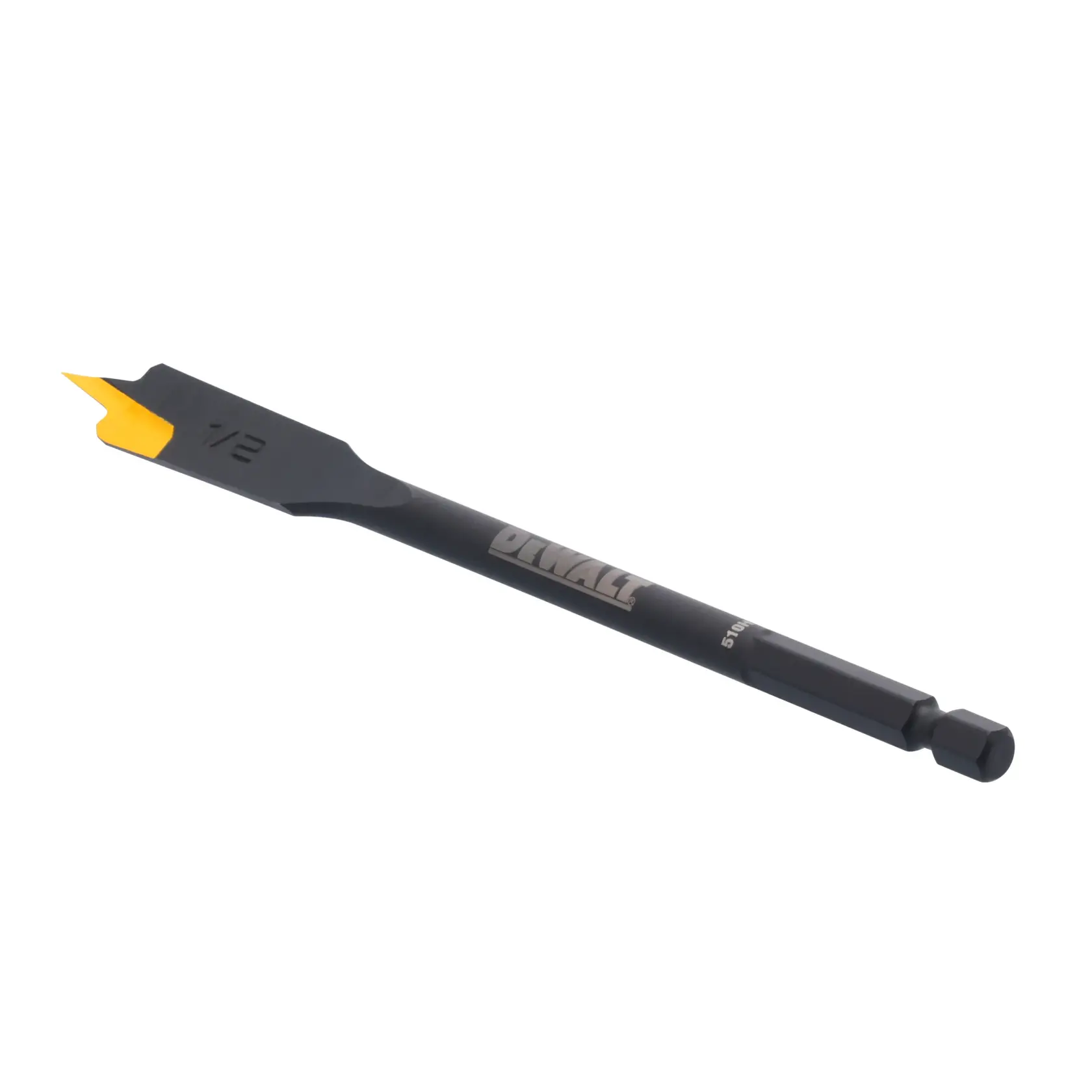 A DeWalt branded flat wood spade drill bit with a yellow cutting edge and a hex shank, commonly used for drilling holes in wood.