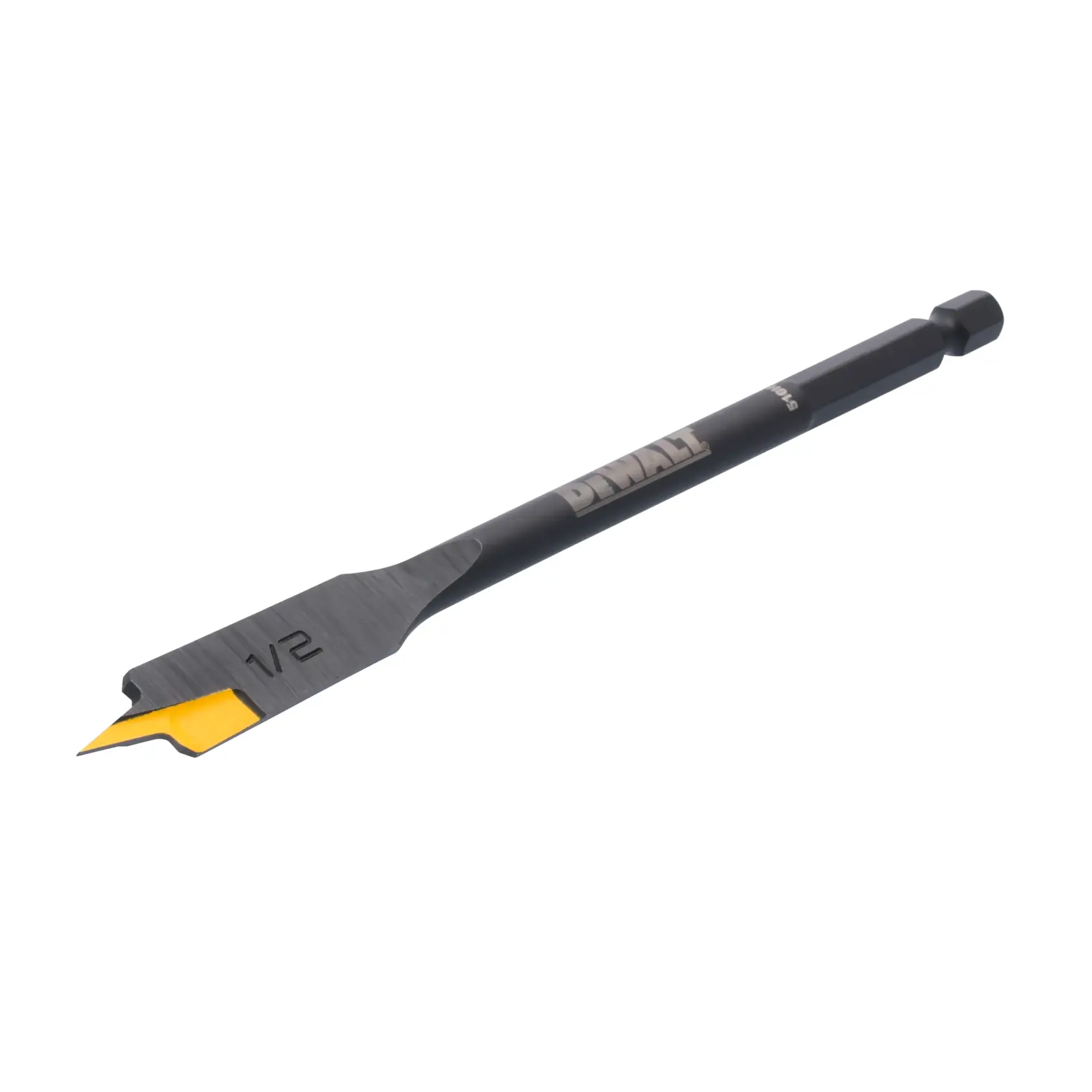 A DEWALT flat wood drill bit with a hex shank and yellow-tipped blade, marked with '1/2'.