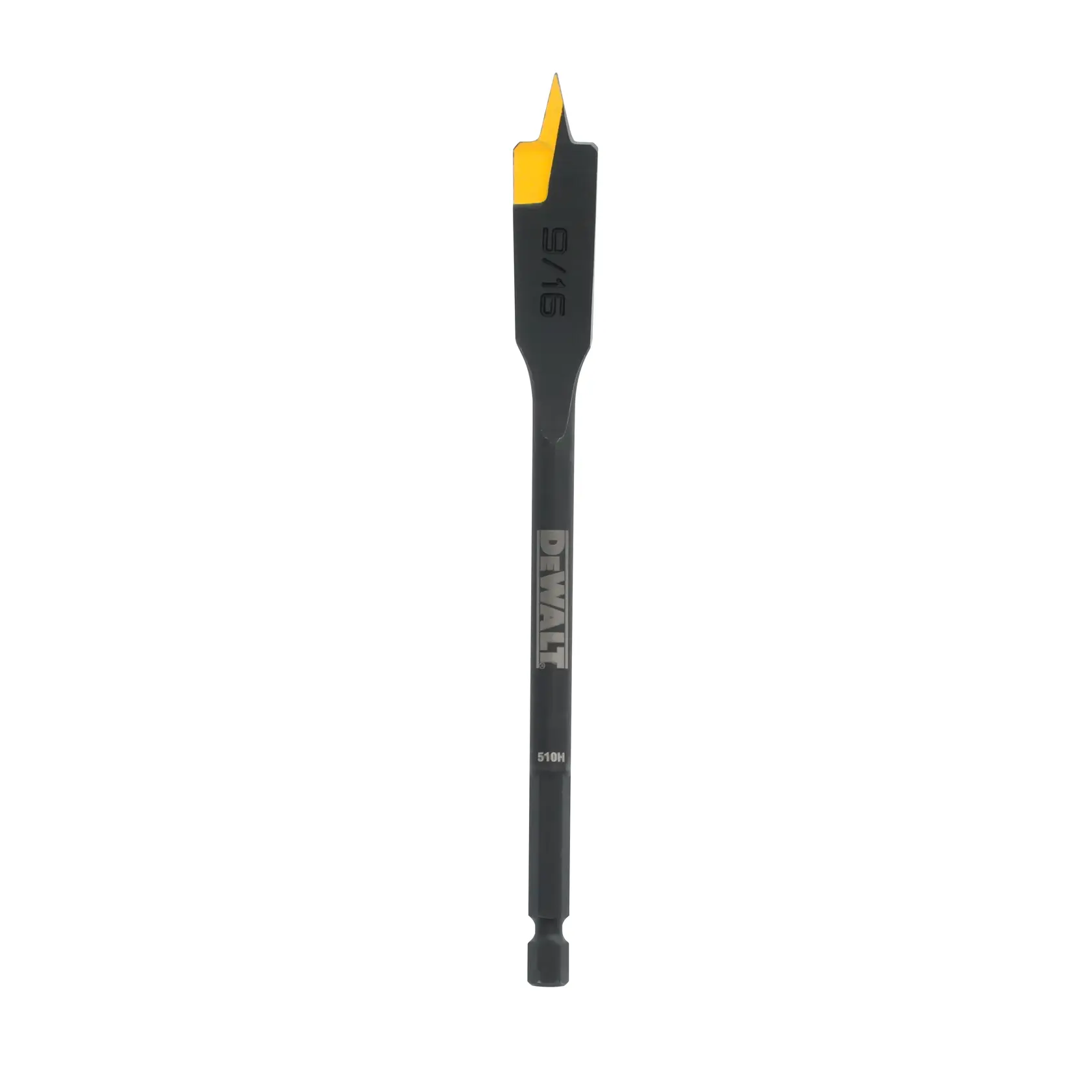A DEWALT branded spade drill bit with a yellow tip, marked 9/16, shown against a white background.