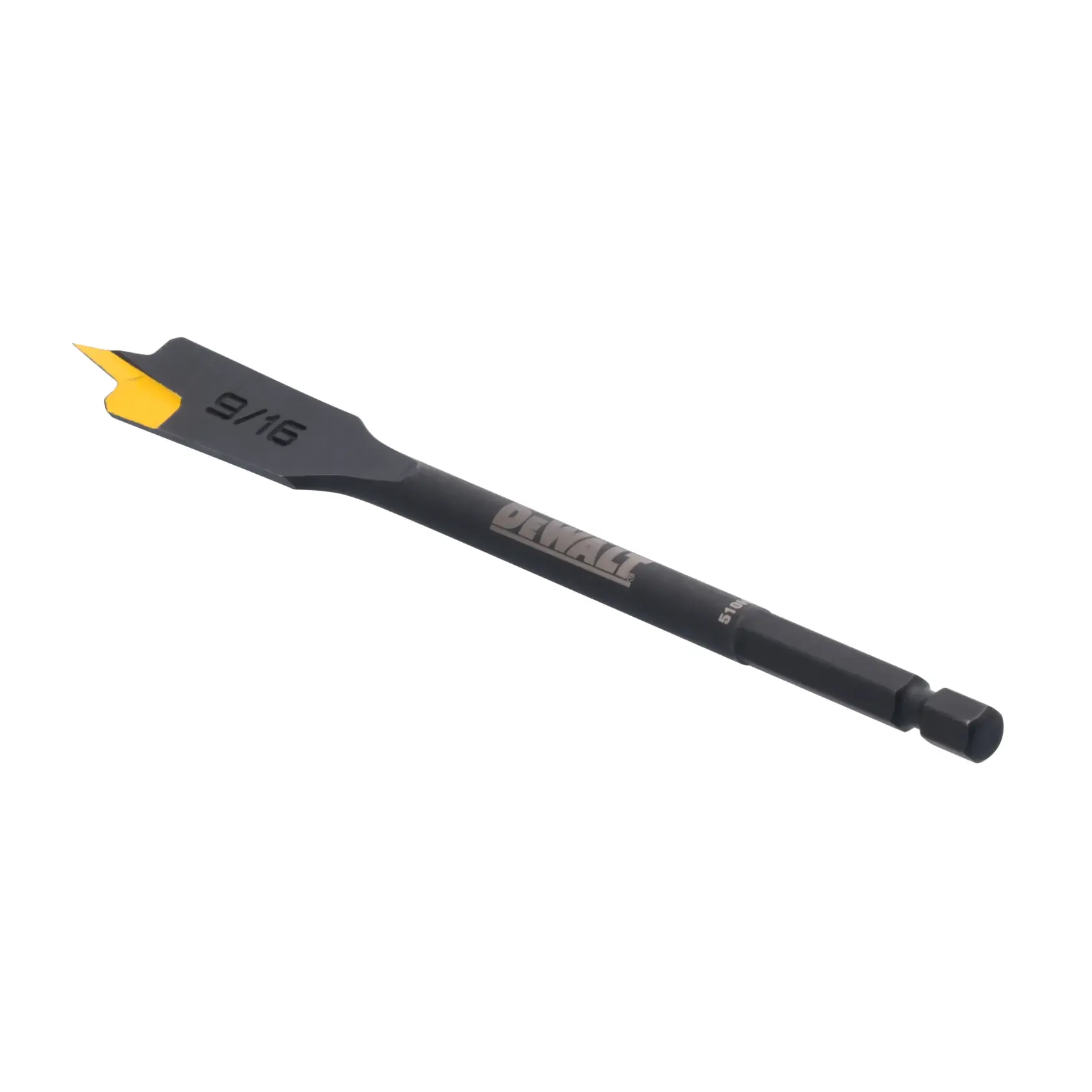 A DEWALT flat spade drill bit with a yellow tip, labeled 9/16, designed for wood drilling.