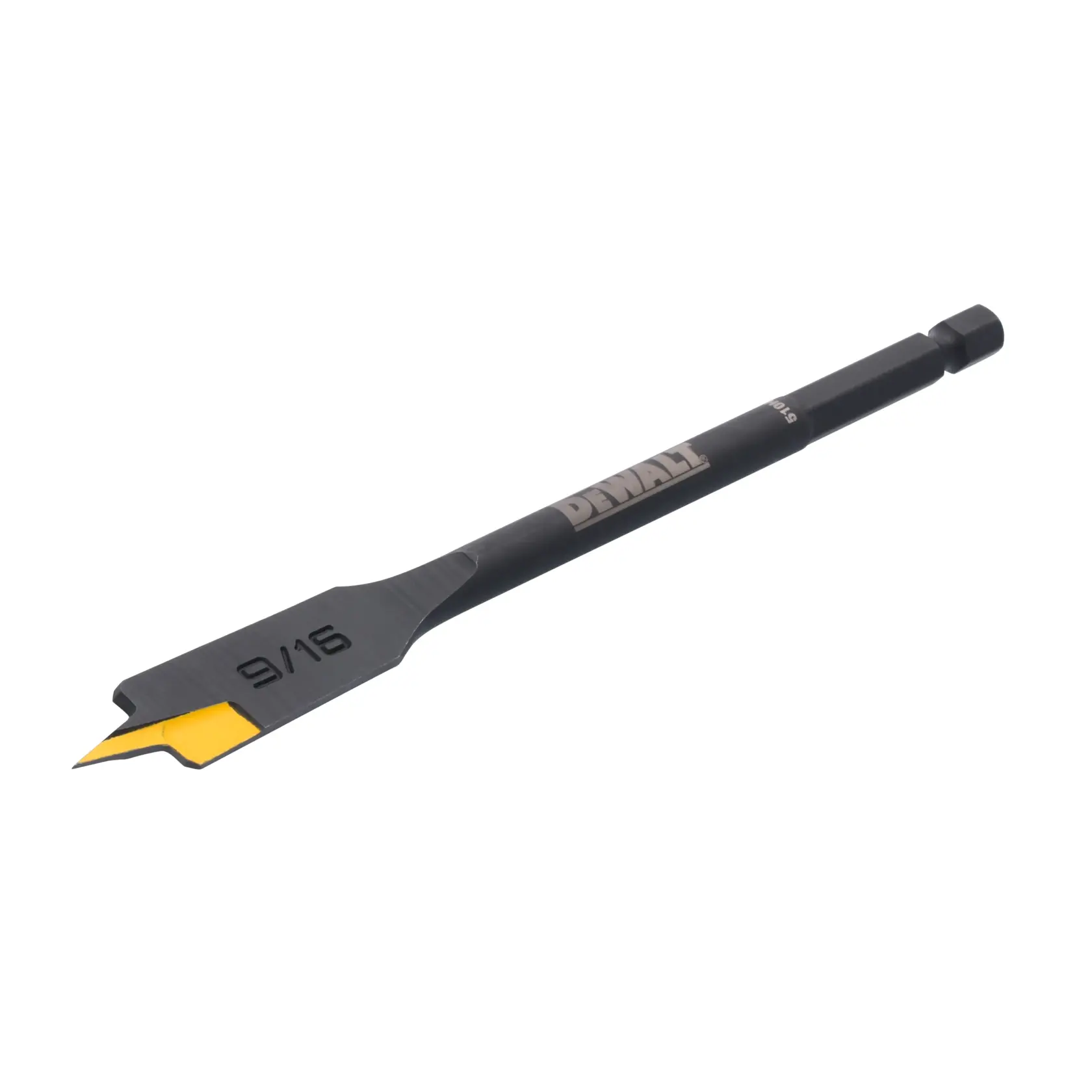 A DEWALT 9/16 inch flat wood drill bit with a yellow-tipped cutting edge and hex shank, designed for drilling holes in wood.