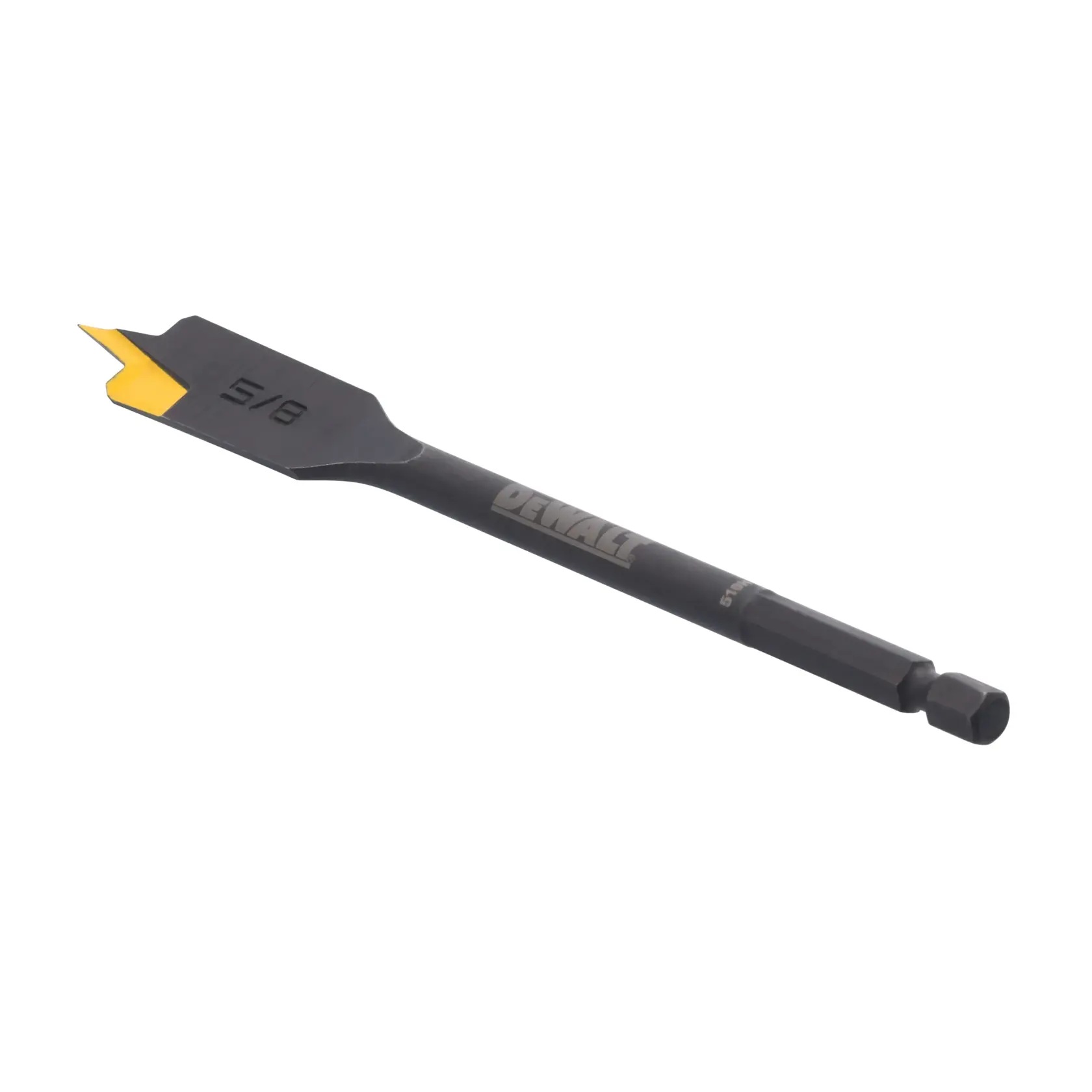 A DEWALT branded flat wood drill bit with a hex shank and a yellow tip, designed for drilling holes in wood.