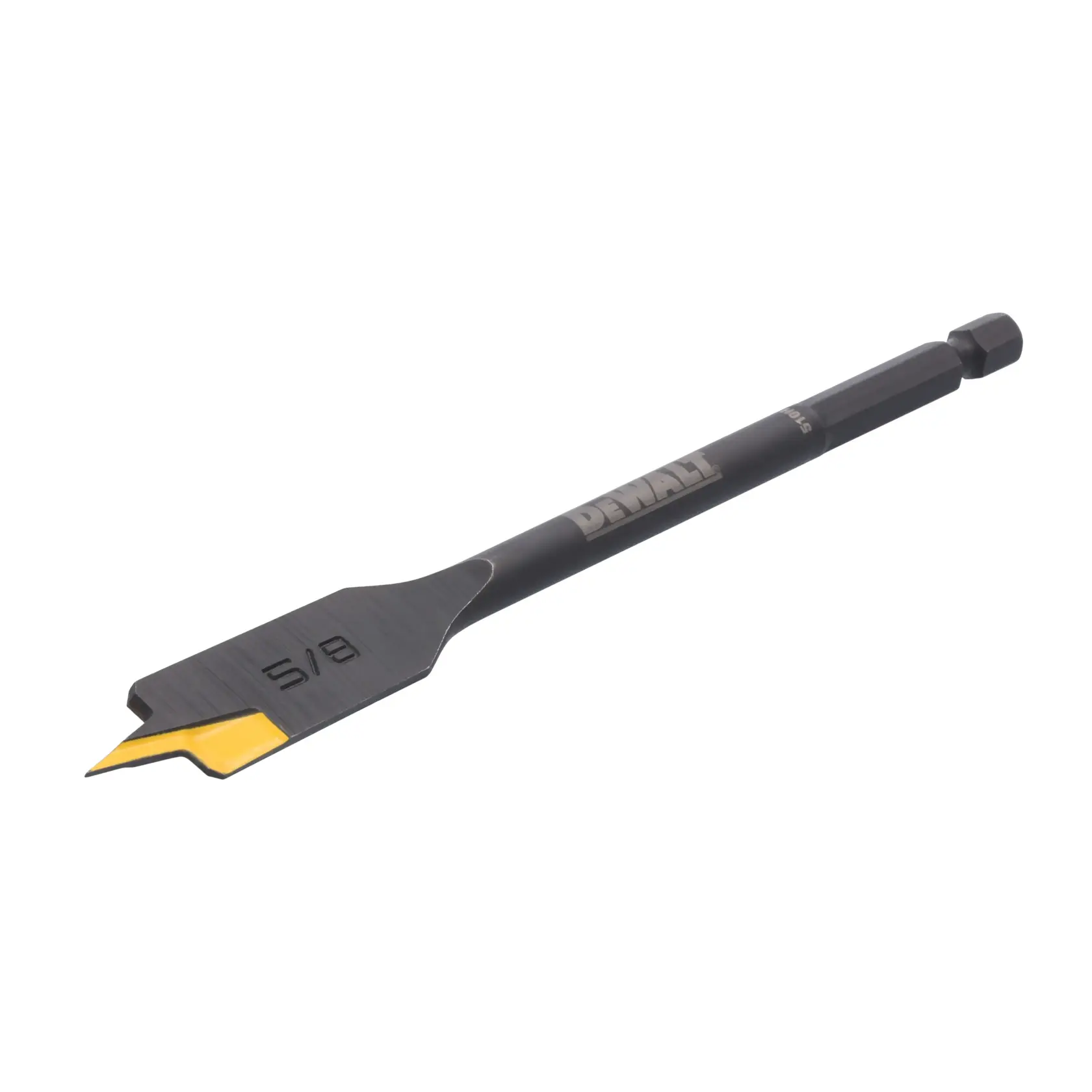 A DEWALT flat wood drill bit with a black body and a yellow-tipped pointed end, designed for making holes in wood. The DEWALT logo is visible on the shaft.