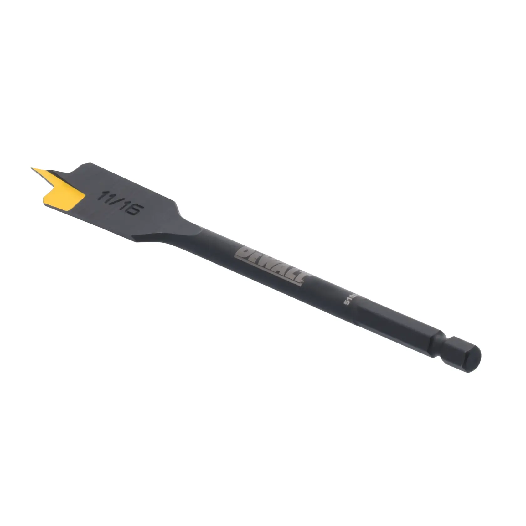 A DEWALT 11/16 inch flat wood drill bit with a hex shank and yellow tip, used for drilling holes in wood.