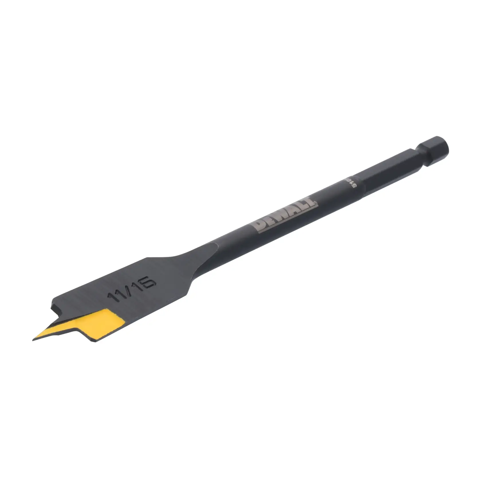 A DEWALT flat wood drill bit with a yellow cutting tip and '11/16' marked on the blade, designed for woodworking.