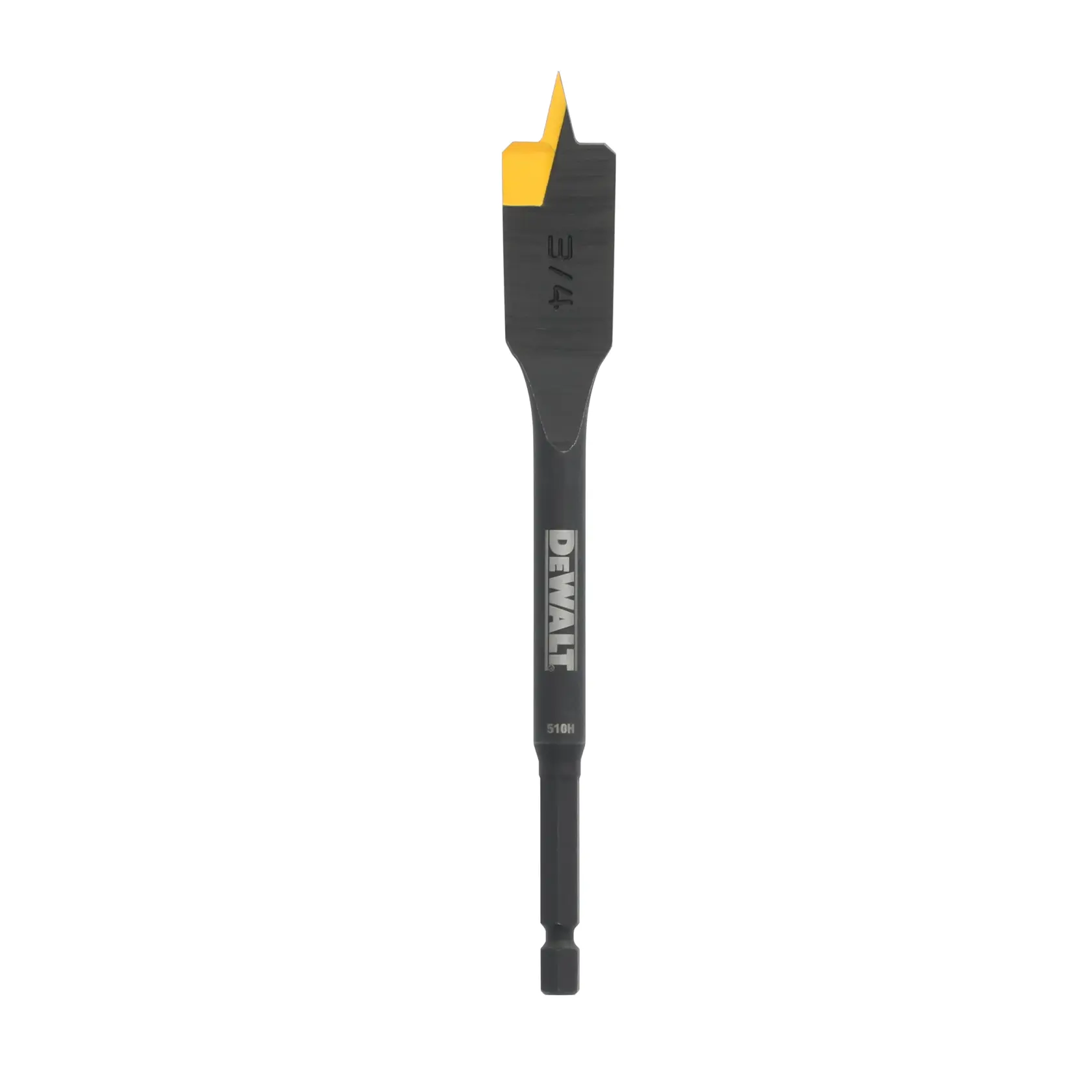 A DEWALT branded flat wood drill bit, with a yellow-painted tip and hex shank, shown against a white background.