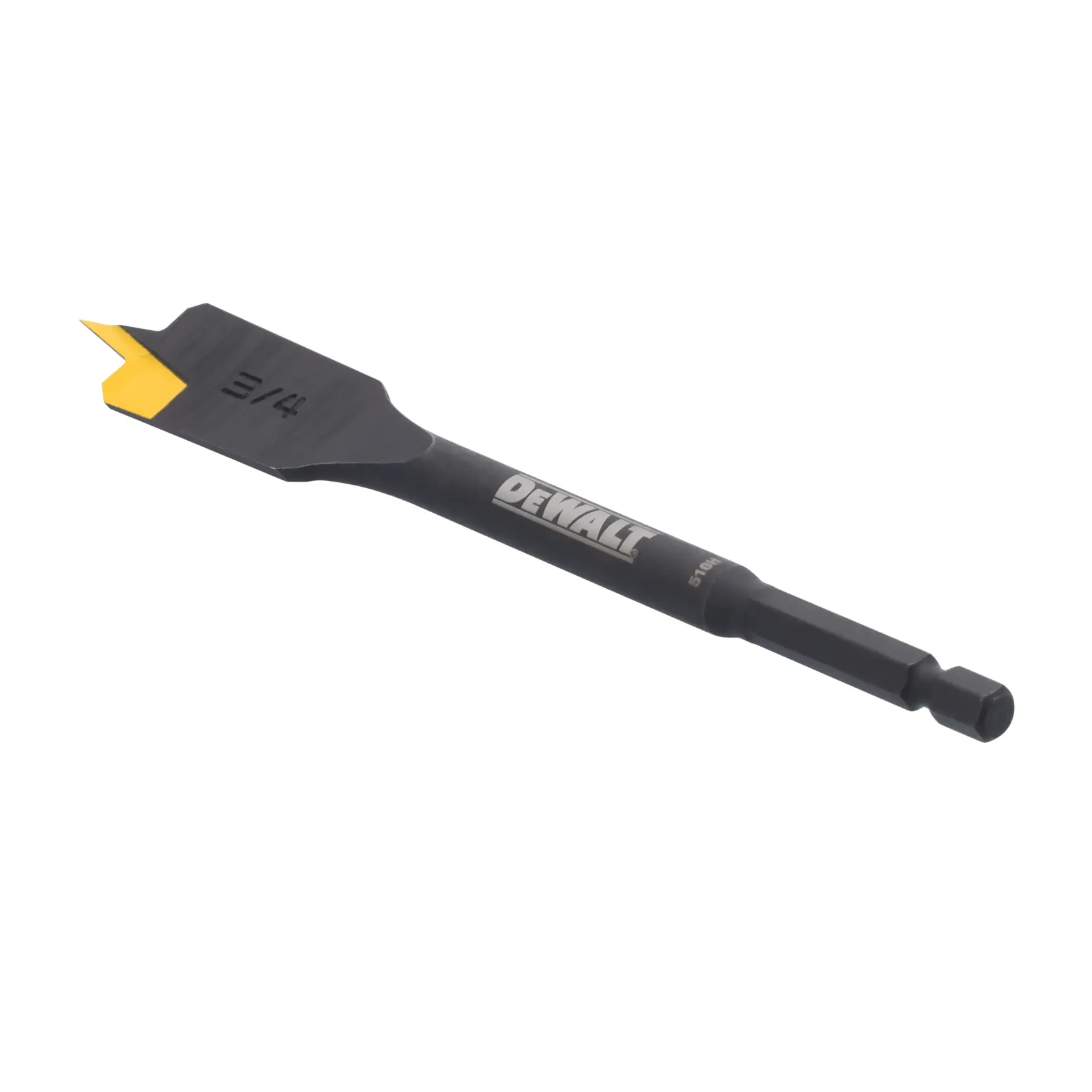 A flat wood drill bit with a yellow cutting edge and a hex shank, branded DEWALT.