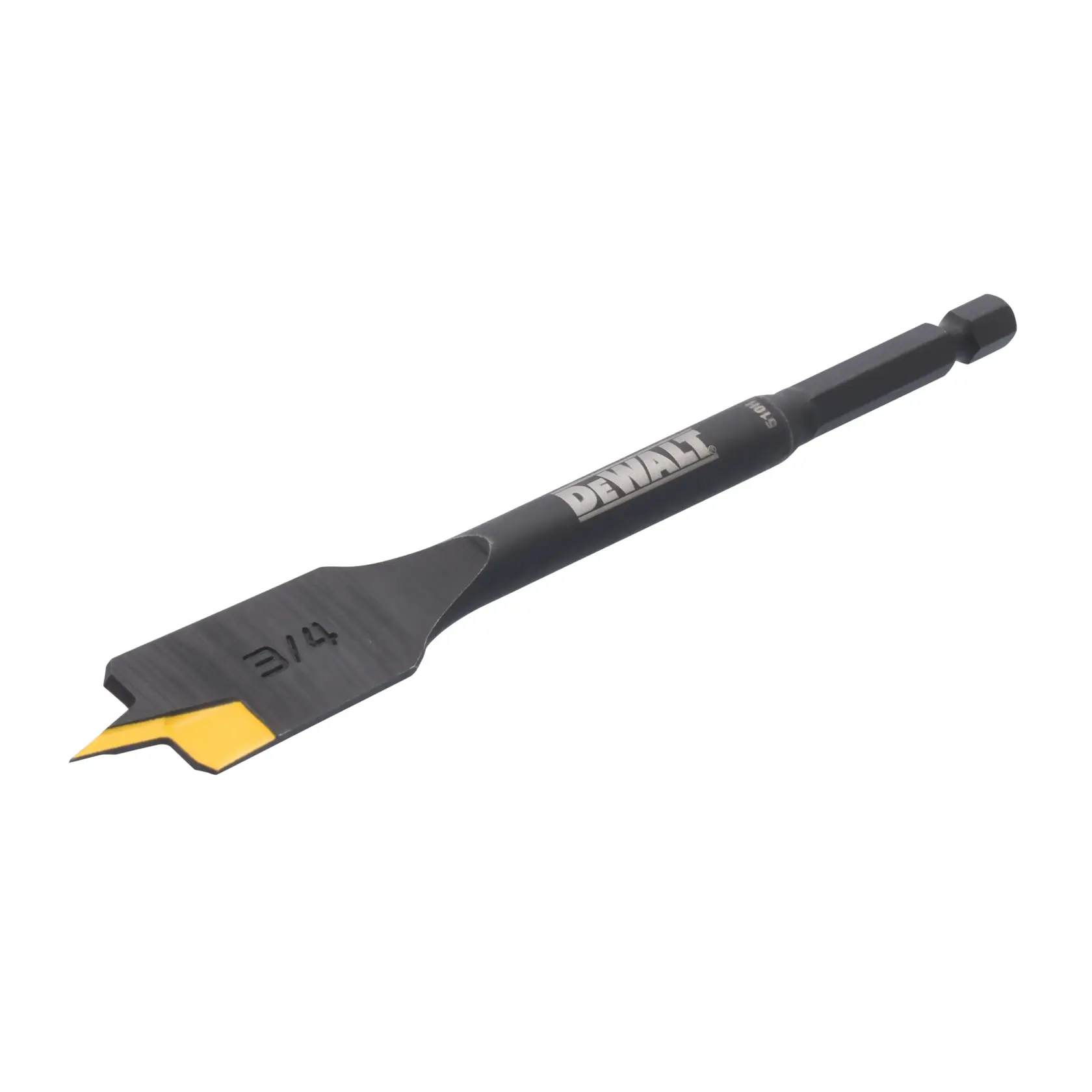 A DEWALT flat wood drill bit with a yellow cutting tip and hex shank, used for making holes in wood.