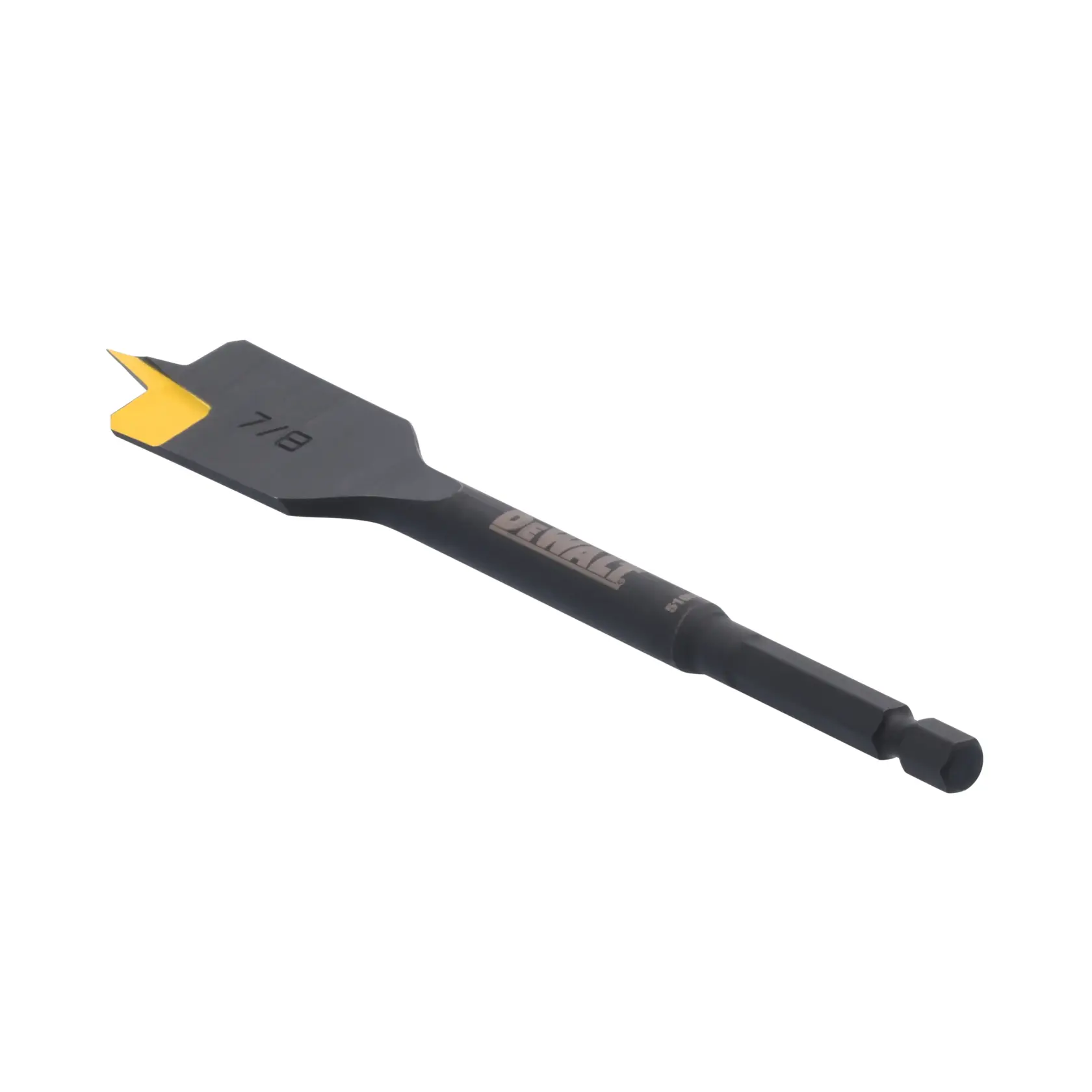 A DEWALT 7/8 inch flat spade drill bit with a yellow cutting tip and hex shank, used for drilling holes in wood.