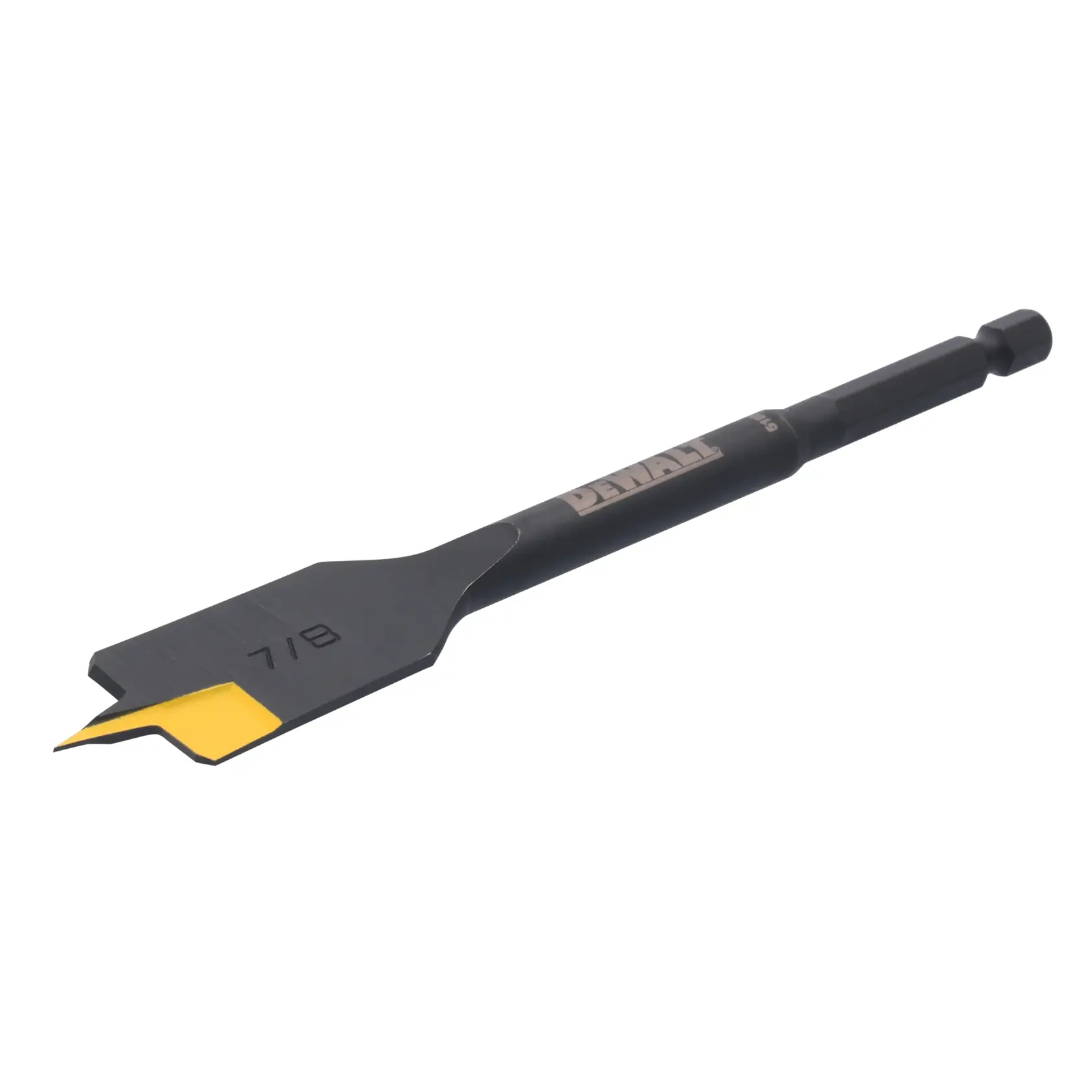 A DEWALT branded flat wood drill bit with a 7/8 inch marking and a yellow tip, designed for boring holes in wood.