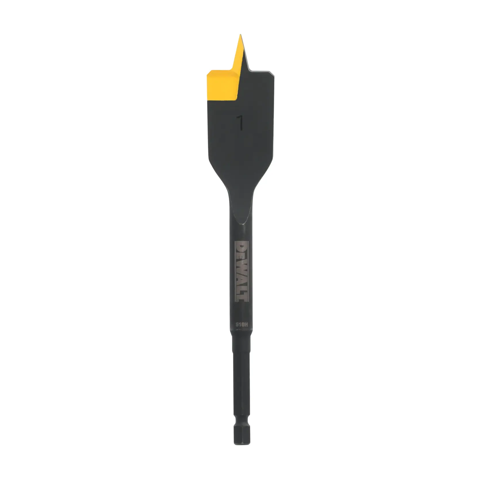 A DEWALT flat spade wood drill bit with a yellow tip and hex shank, designed for drilling holes in wood. The bit is labeled with the number 1.