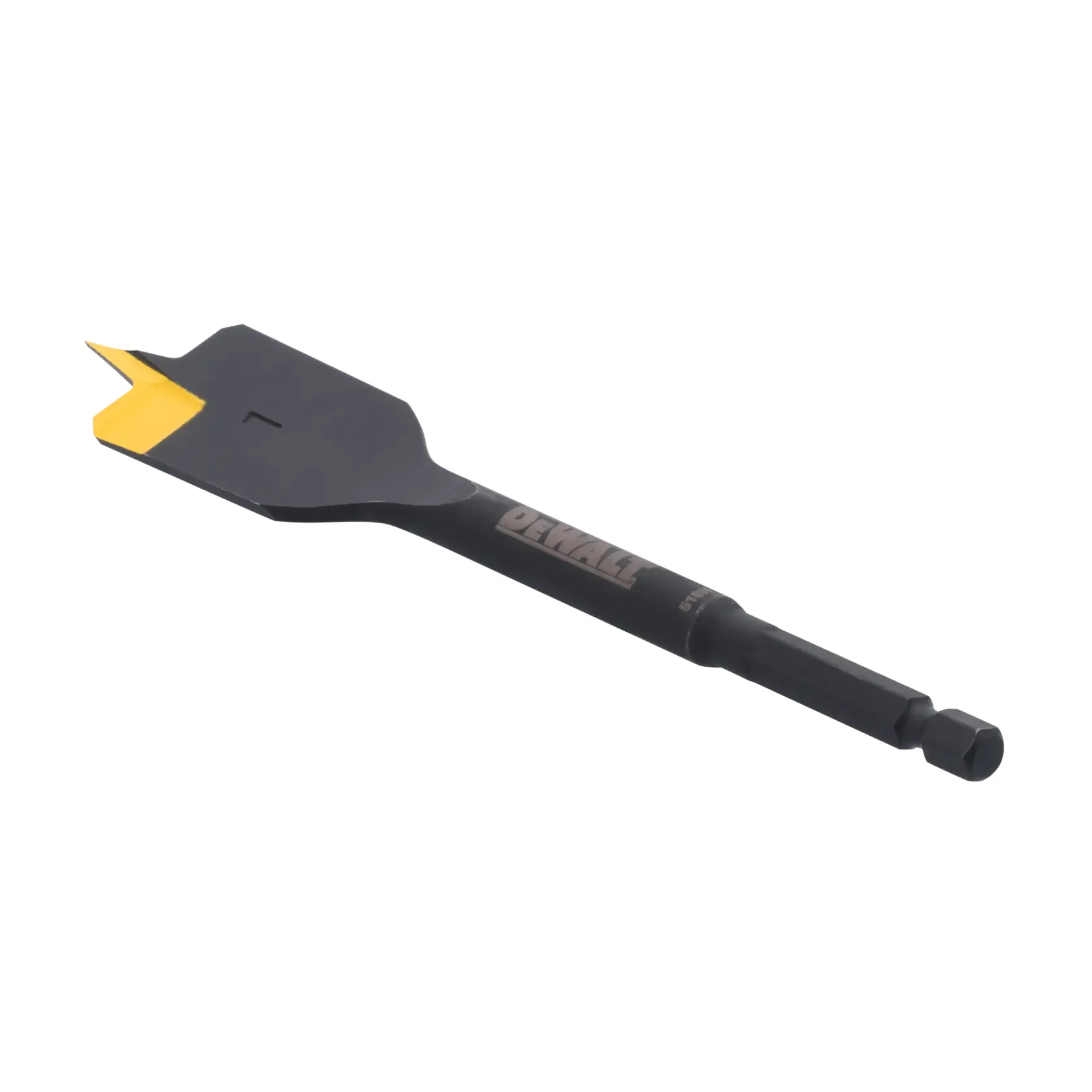A DEWALT flat wood drill bit with a hexagonal shank and yellow-tipped blade, designed for drilling holes in wood.
