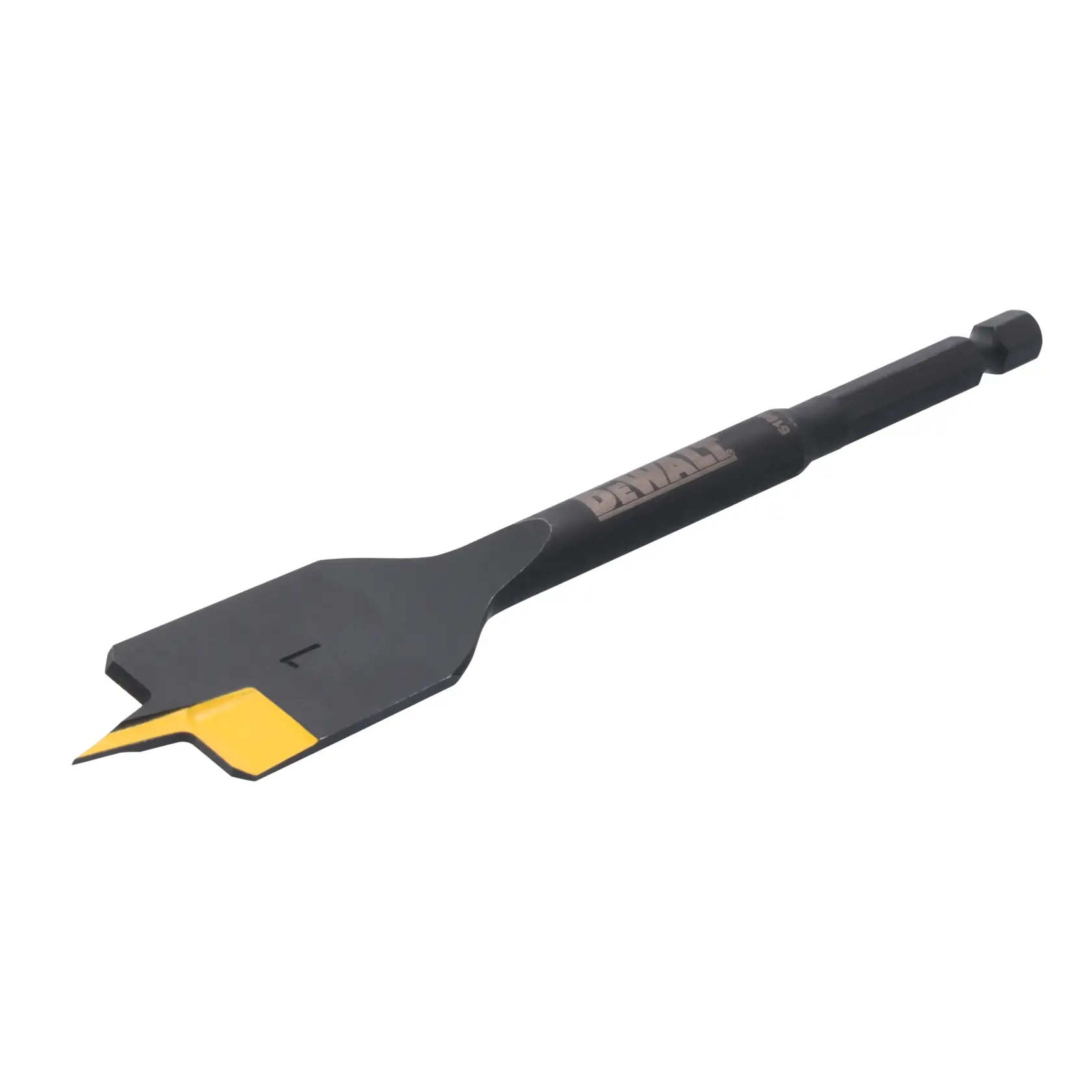 A DEWALT flat wood drill bit with a yellow cutting edge and black body, featuring a hex shank for use with power drills.