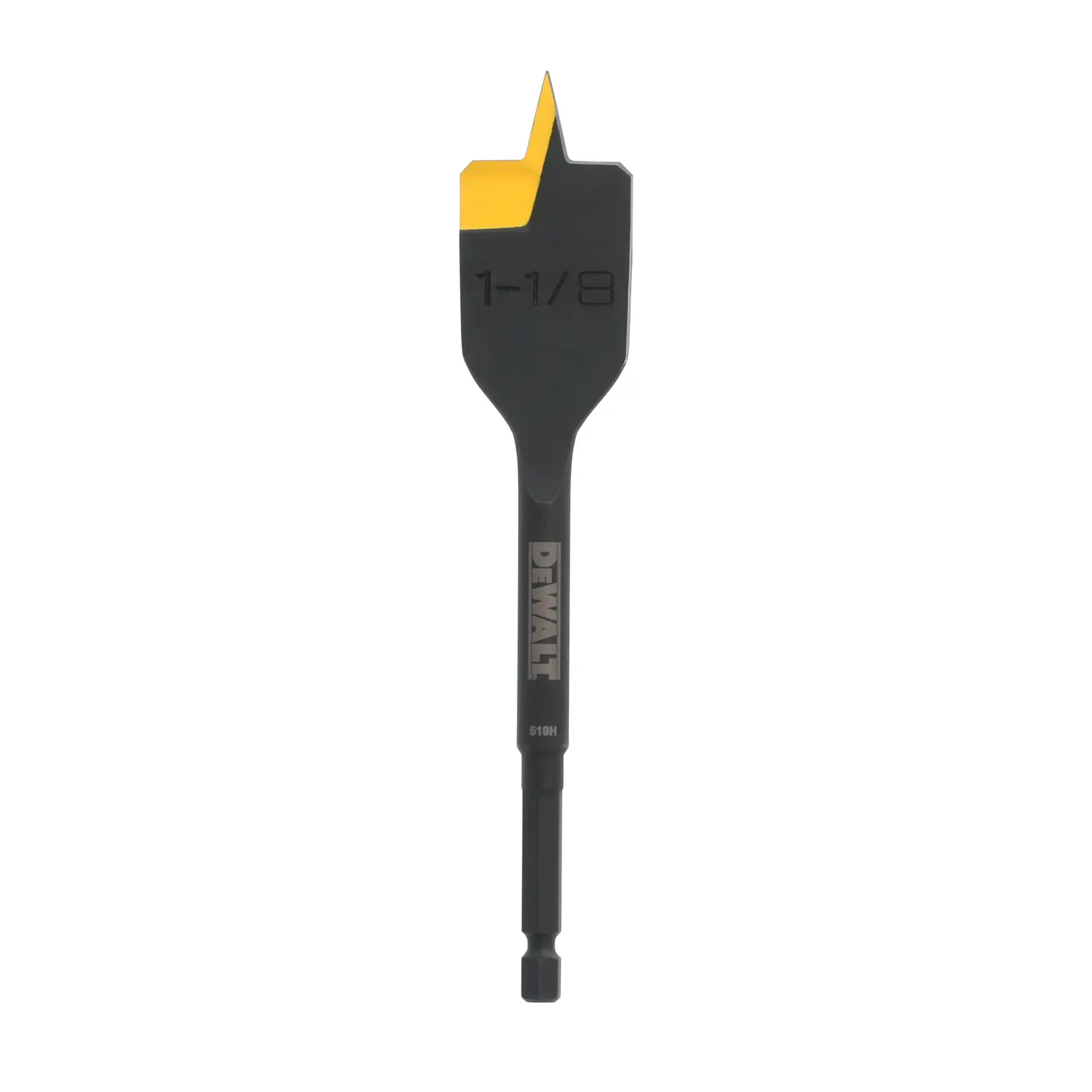 A DEWALT flat wood drill bit with a yellow accent at the top and a size marking of 1-1/8 inch, model DWAWDS18, designed for drilling holes in wood.