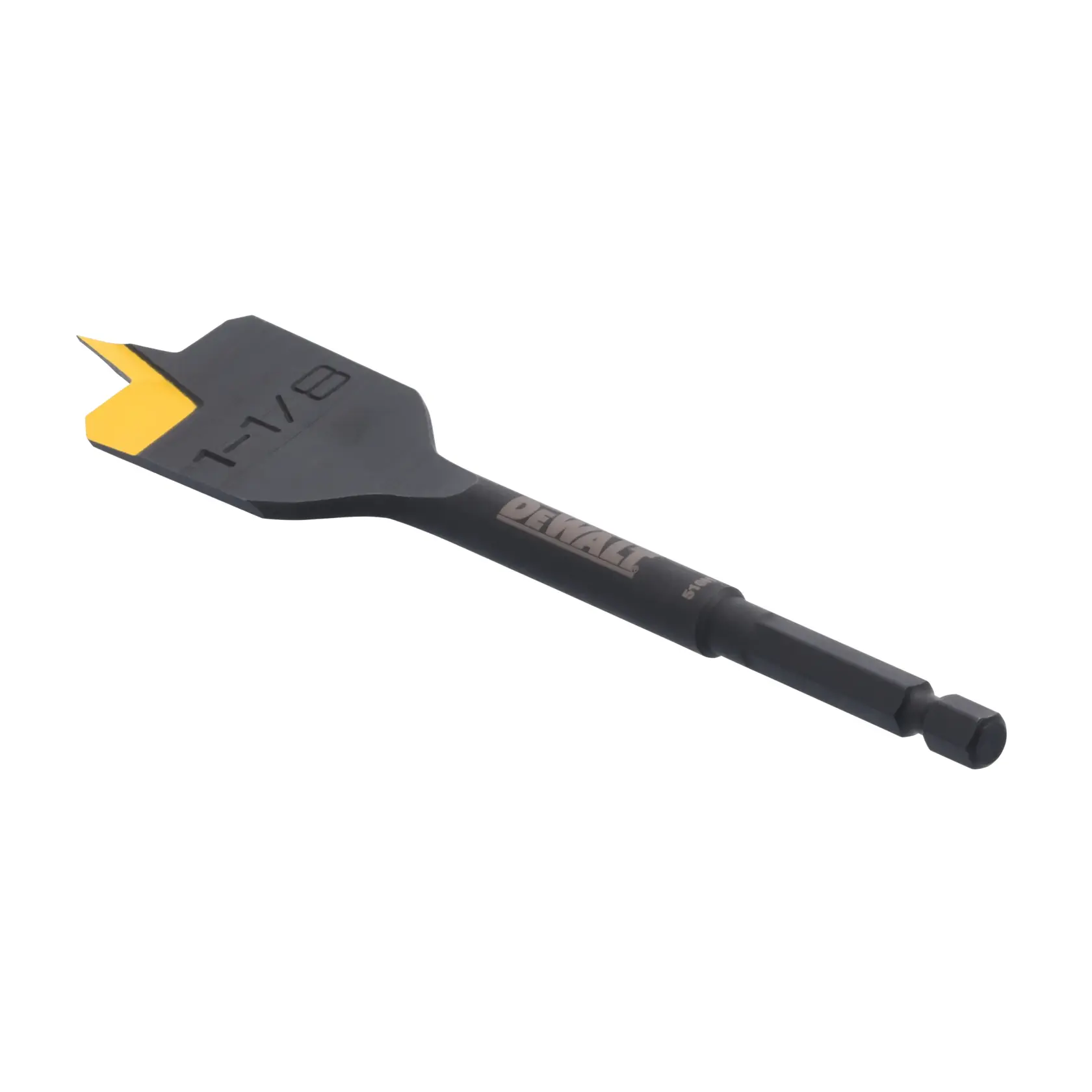 A DEWALT branded flat spade wood drill bit with a black body and a yellow cutting edge. The bit is marked with the size '1-1/8' and has a hex shank for use with power tools.