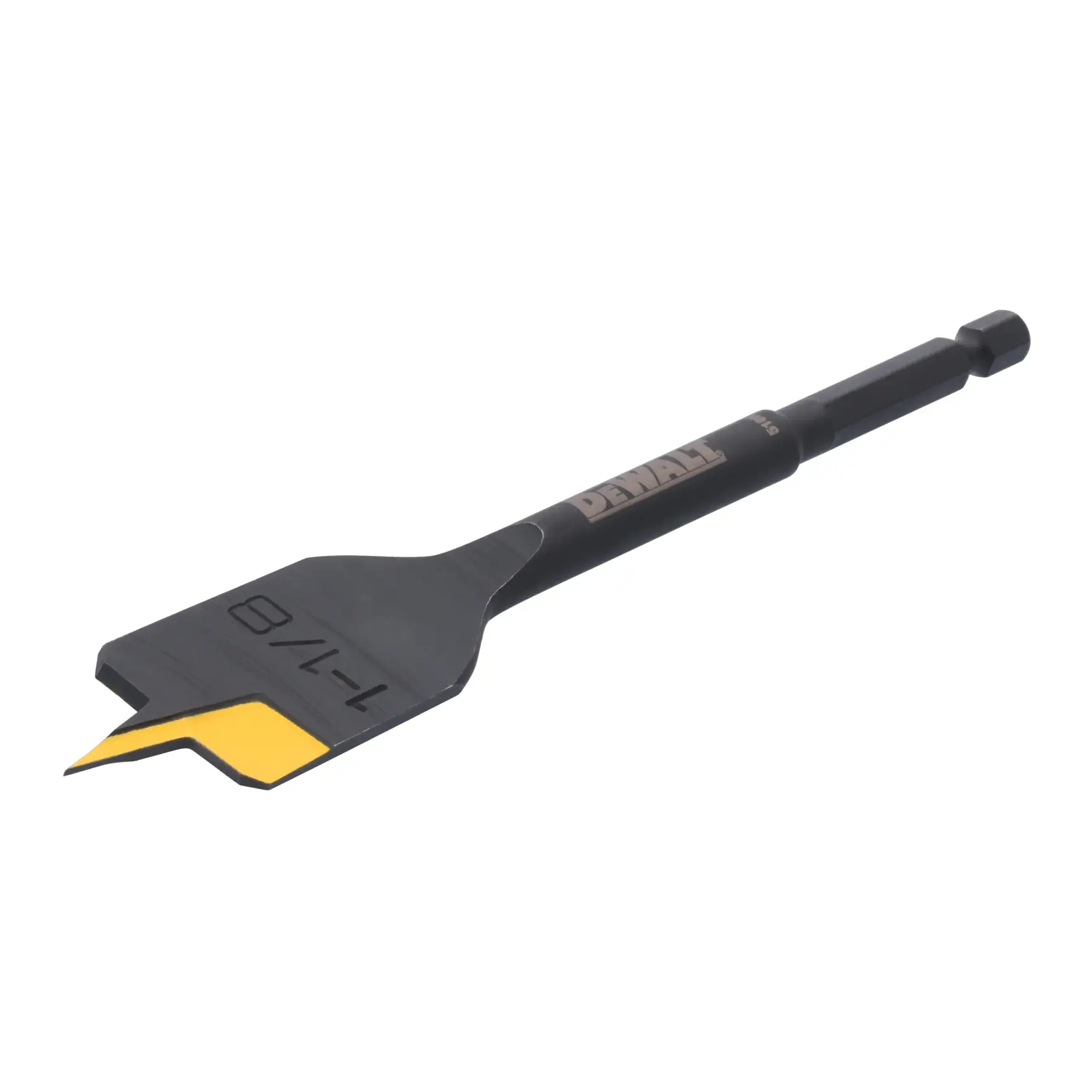 A DEWALT flat wood drill bit with a black body and a yellow tip, labeled 1-1/8 inch. The bit is designed for drilling holes in wood and has a hex shank for secure fit in a drill.