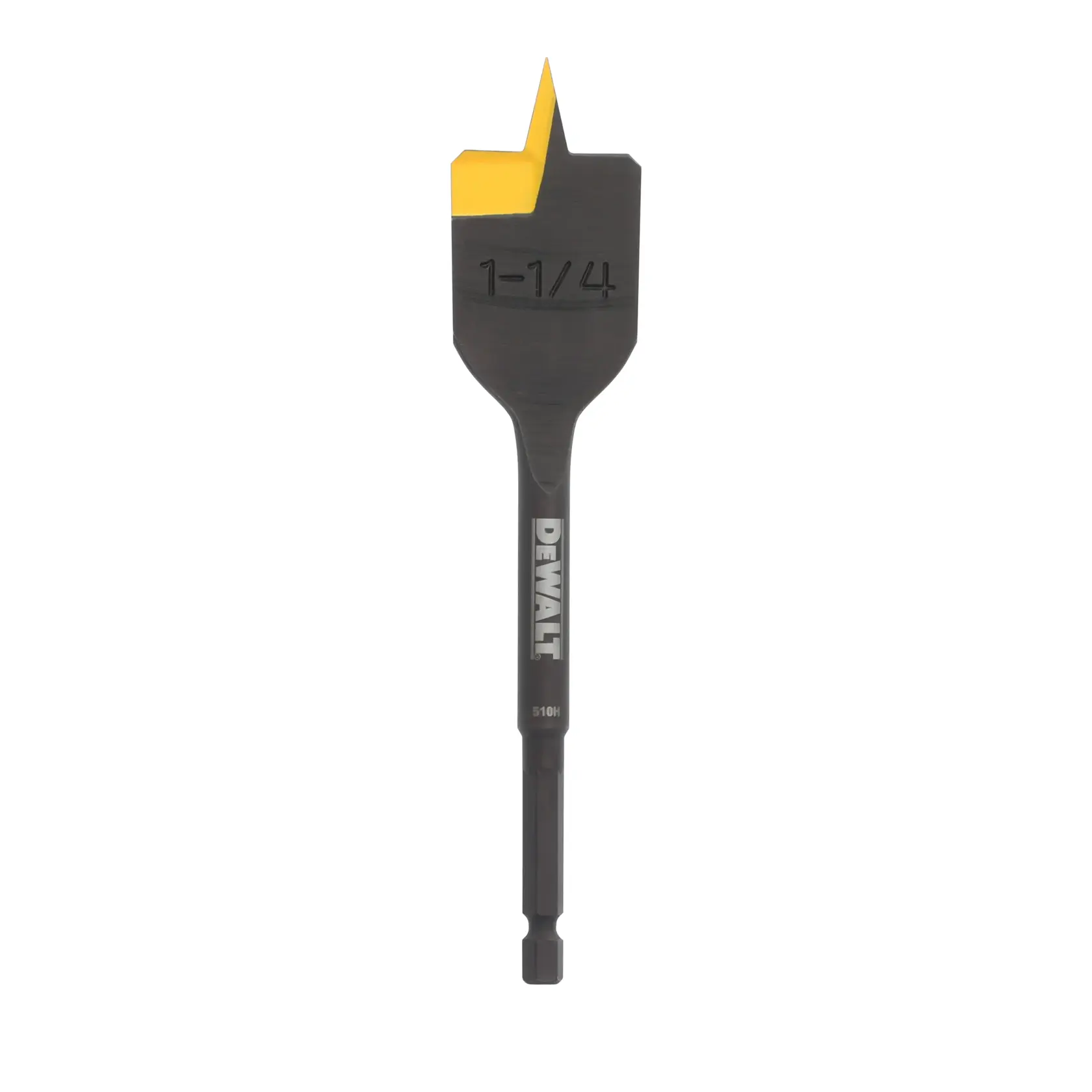 A DEWALT flat spade drill bit with a yellow tip, marked with a size of 1-1/4 inch, designed for wood drilling.