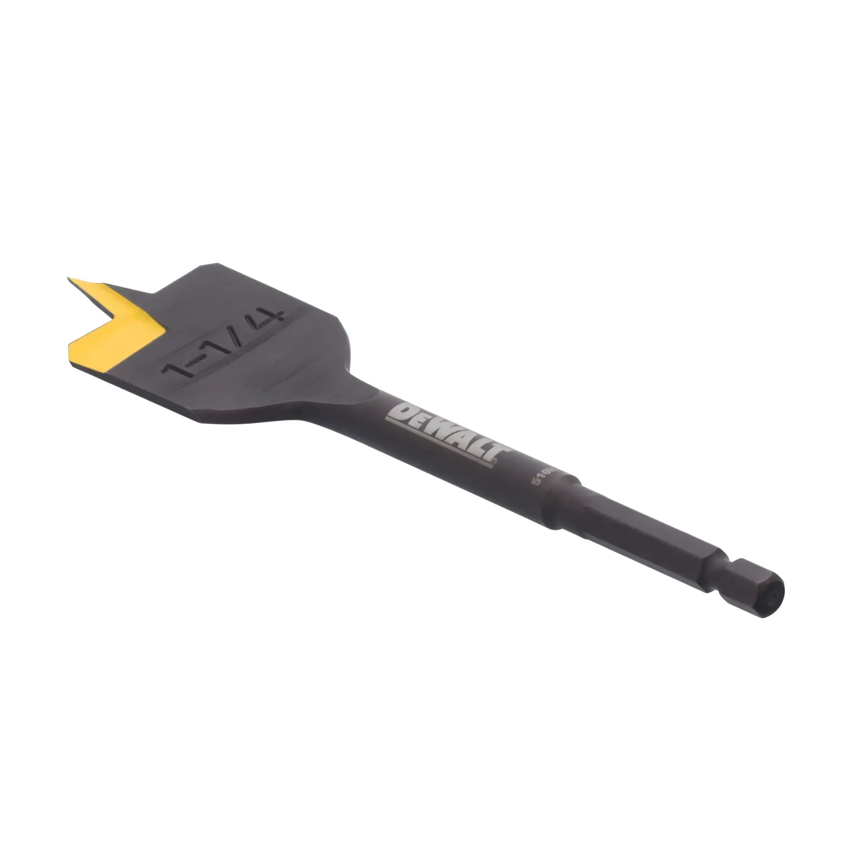 A DEWALT branded flat spade wood drill bit with a yellow-tipped cutting edge and hex shank, used for drilling holes in wood.