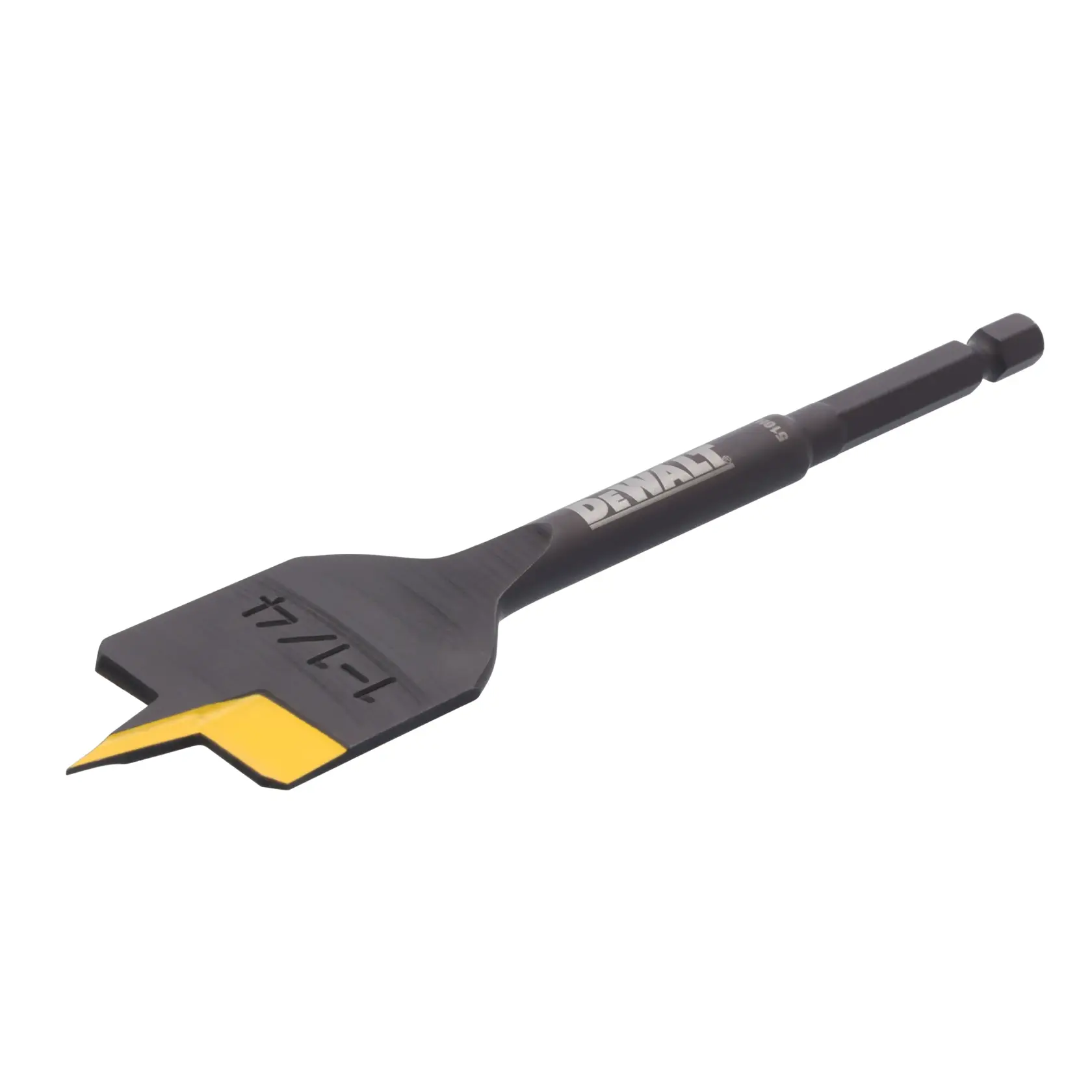 A DEWALT flat wood drill bit with a pointed yellow tip and hex shank, used for boring holes in wood.