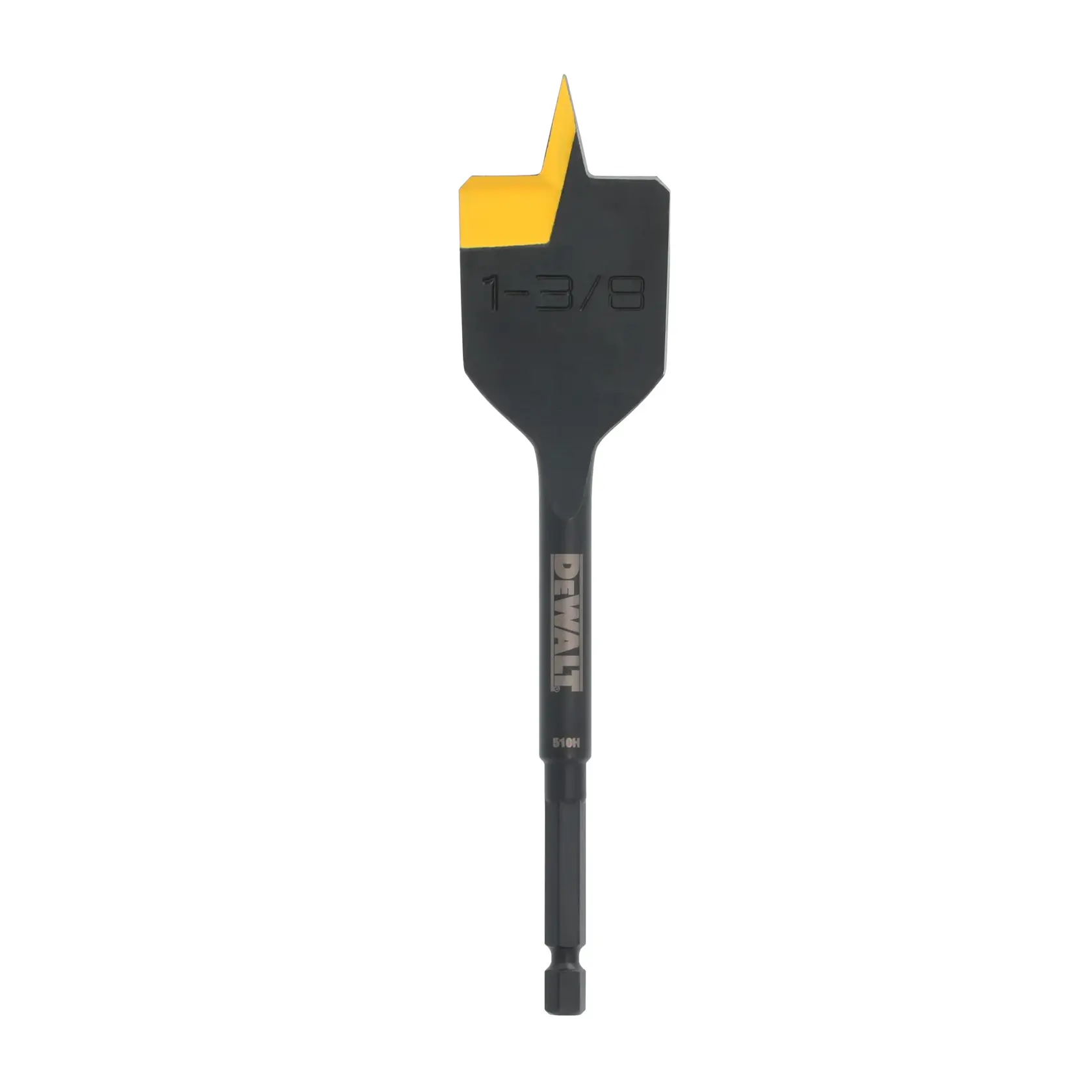 A DEWALT 1-3/8 inch spade drill bit with a black and yellow finish, suitable for wood drilling. The DEWALT logo is visible on the shaft.