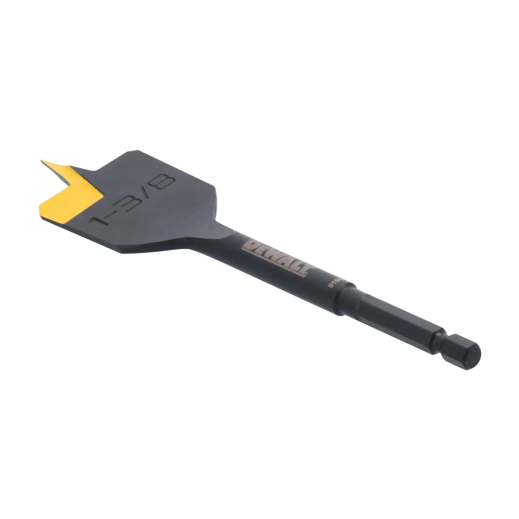 A DEWALT branded paddle wood drill bit with a flat, wide blade, yellow tip, and a hex shank. The blade is labeled with the size 1-3/8.