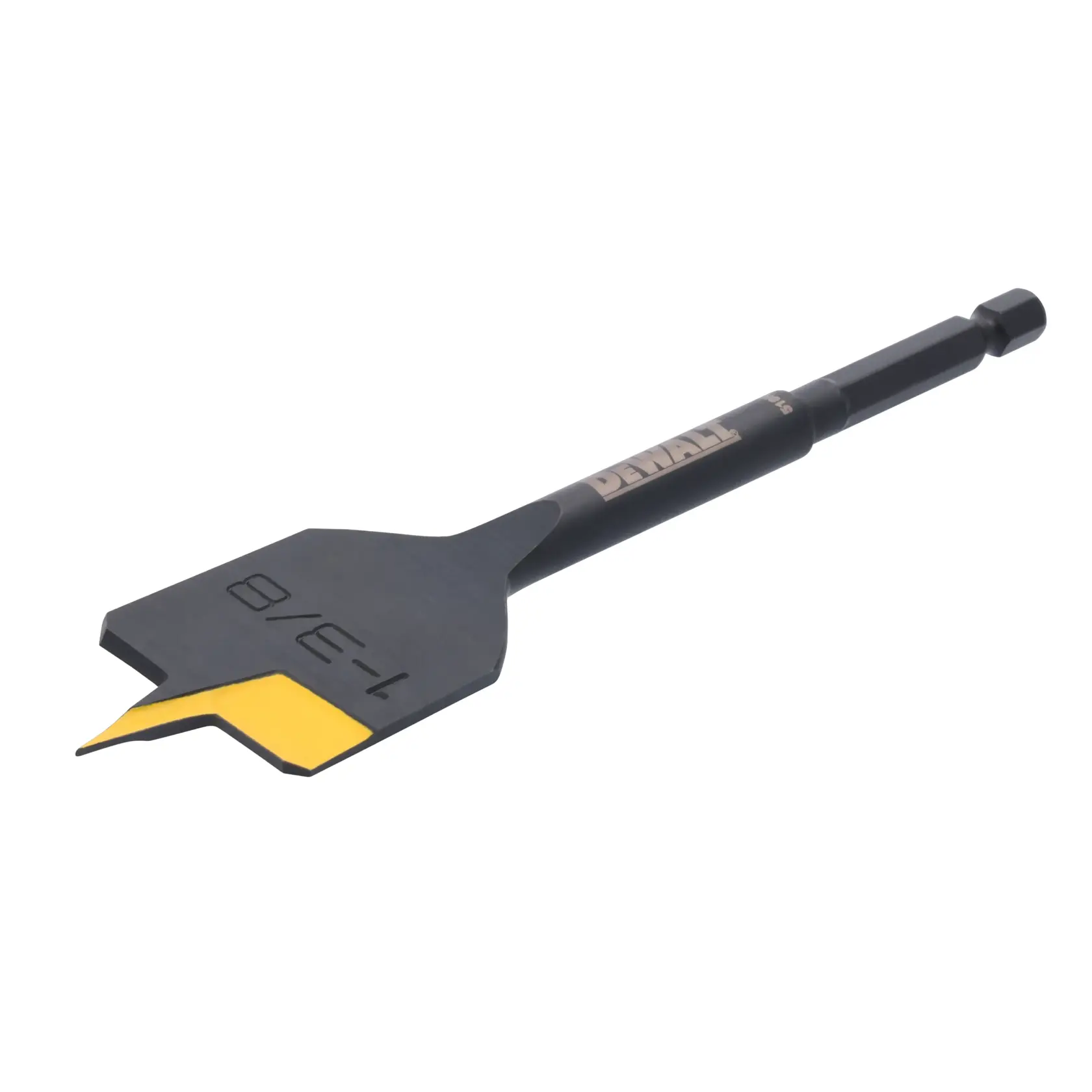 A DEWALT branded flat wood drill bit with a yellow cutting edge and hex shank, marked 1-3/8 inch.