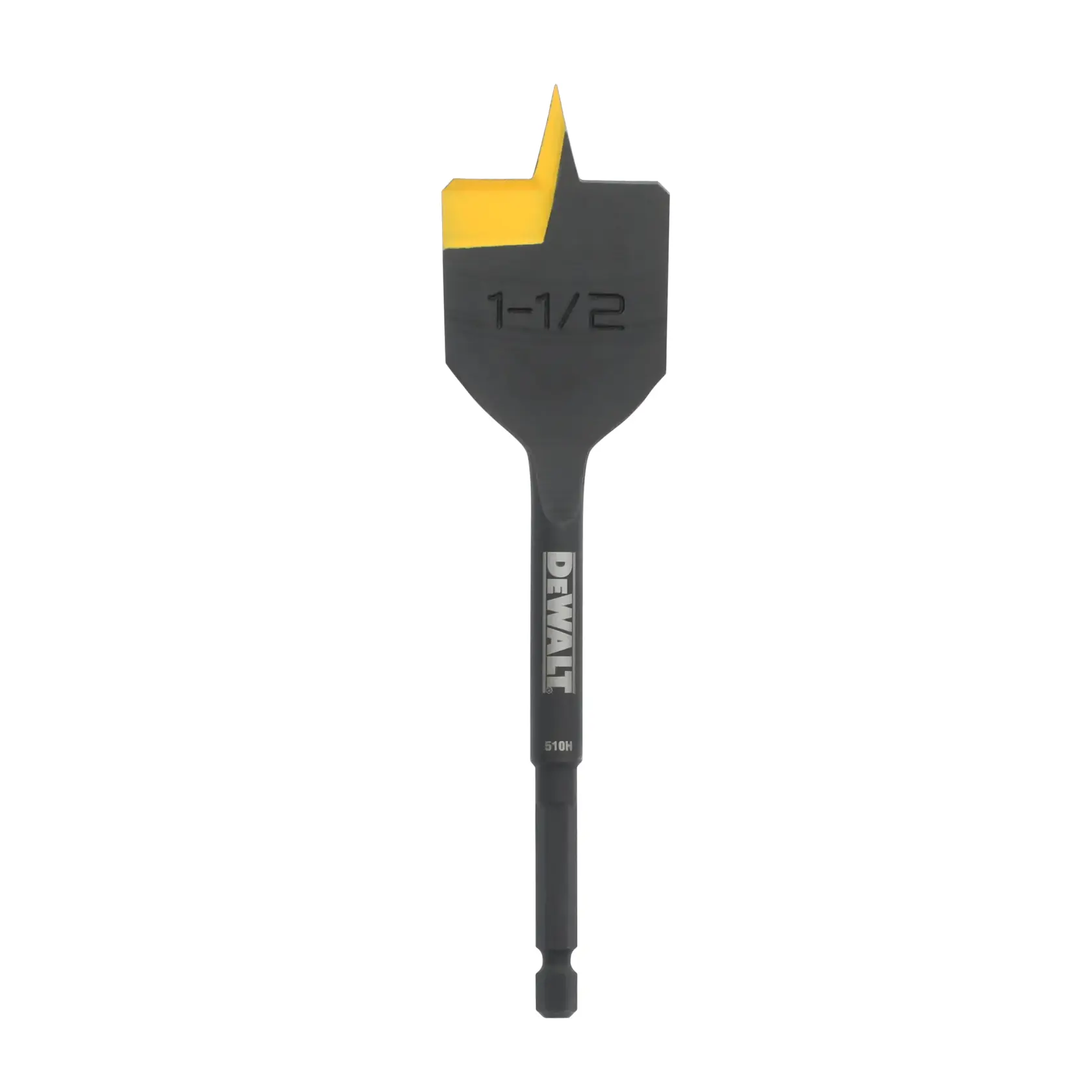 A DEWALT branded 1-1/2 inch spade drill bit with a yellow-painted cutting edge, used for woodworking.